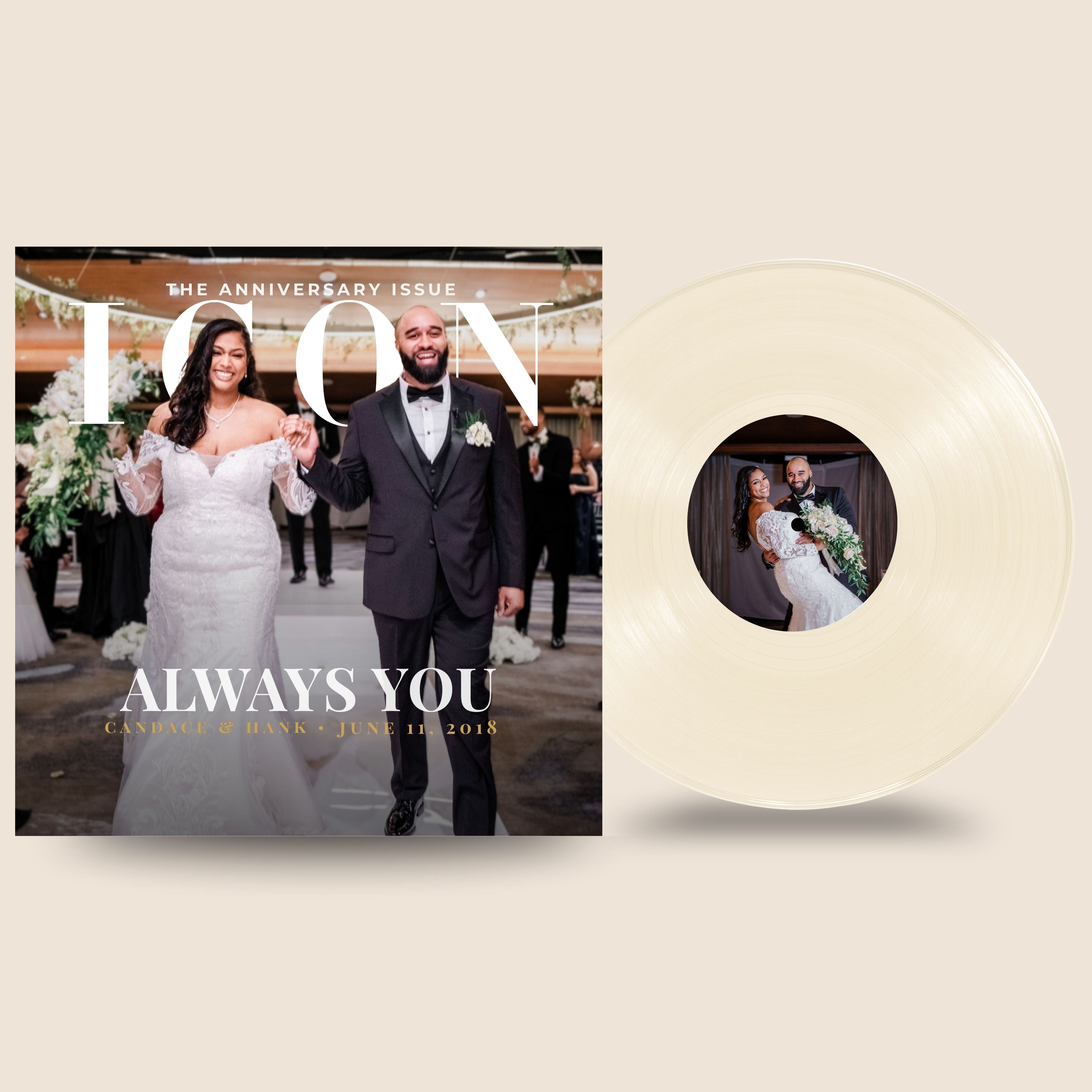 Magazine cover with a couple and a vinyl record with a couple's photo.