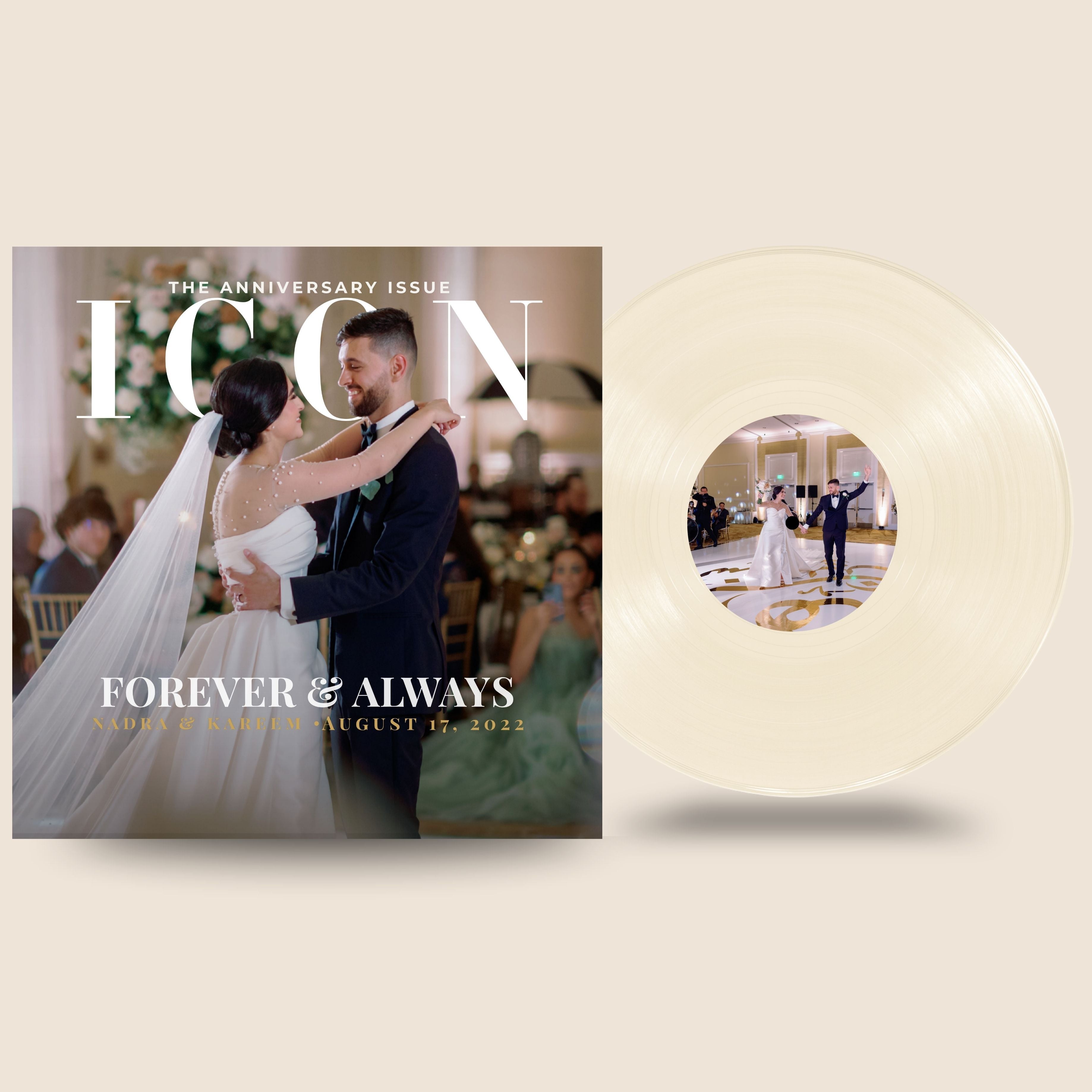 Magazine cover with a couple on a wedding day and a circular inset showing a different angle of the same scene.
