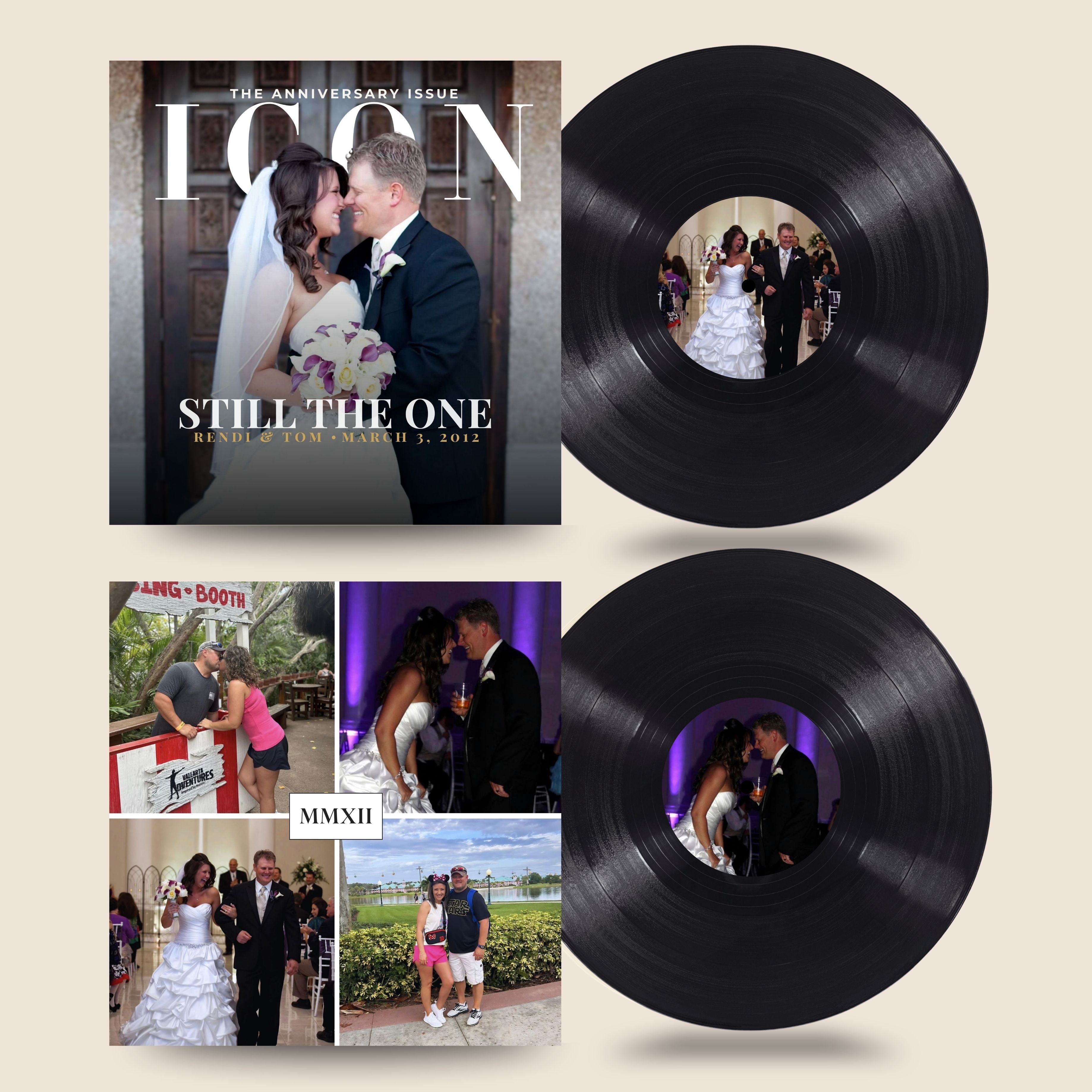 Personalized vinyl record set with wedding photos and 'Still the One' text on a beige background