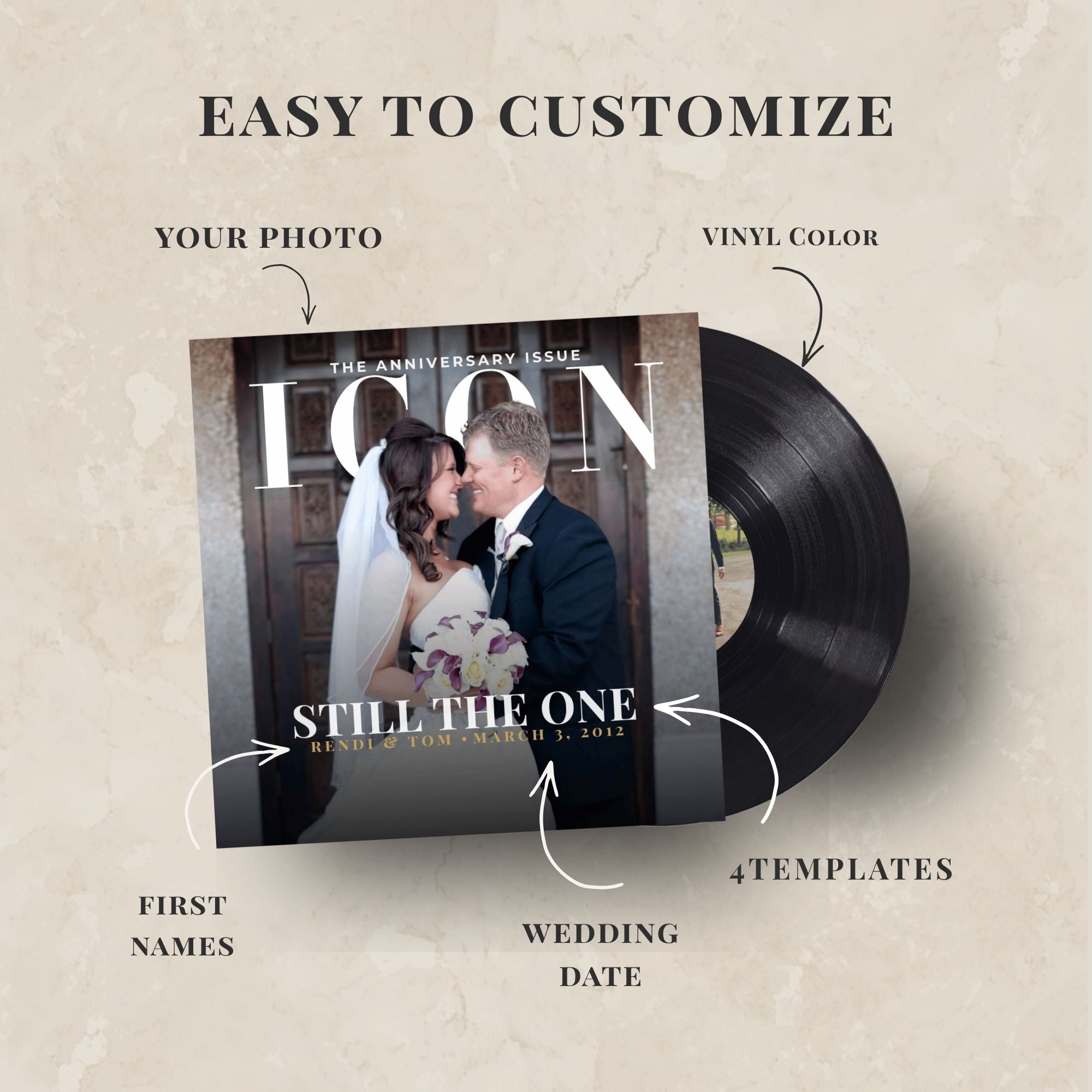 Vinyl record design with customizable elements on a beige background