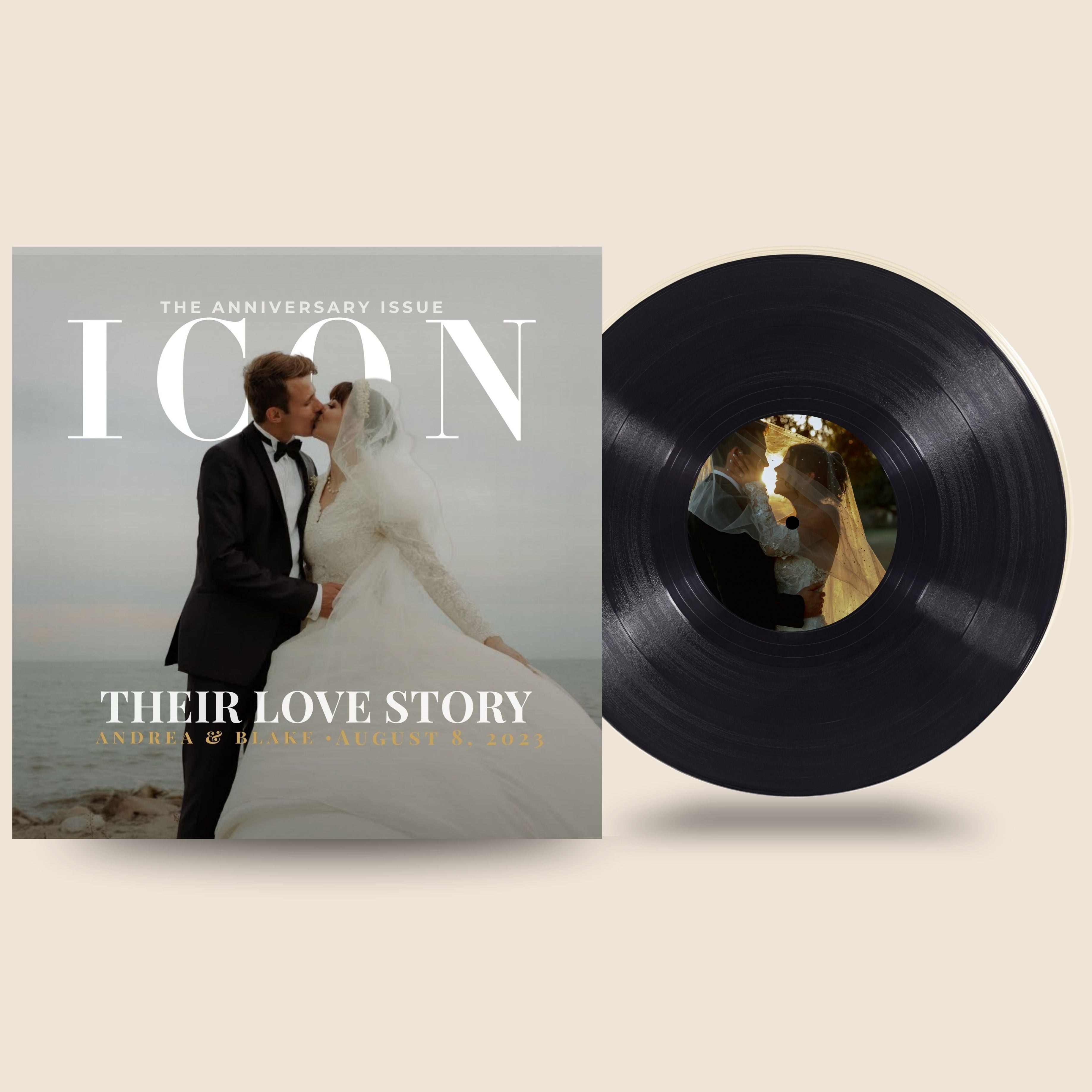Magazine cover with a couple and a vinyl record with a dog on a beige background