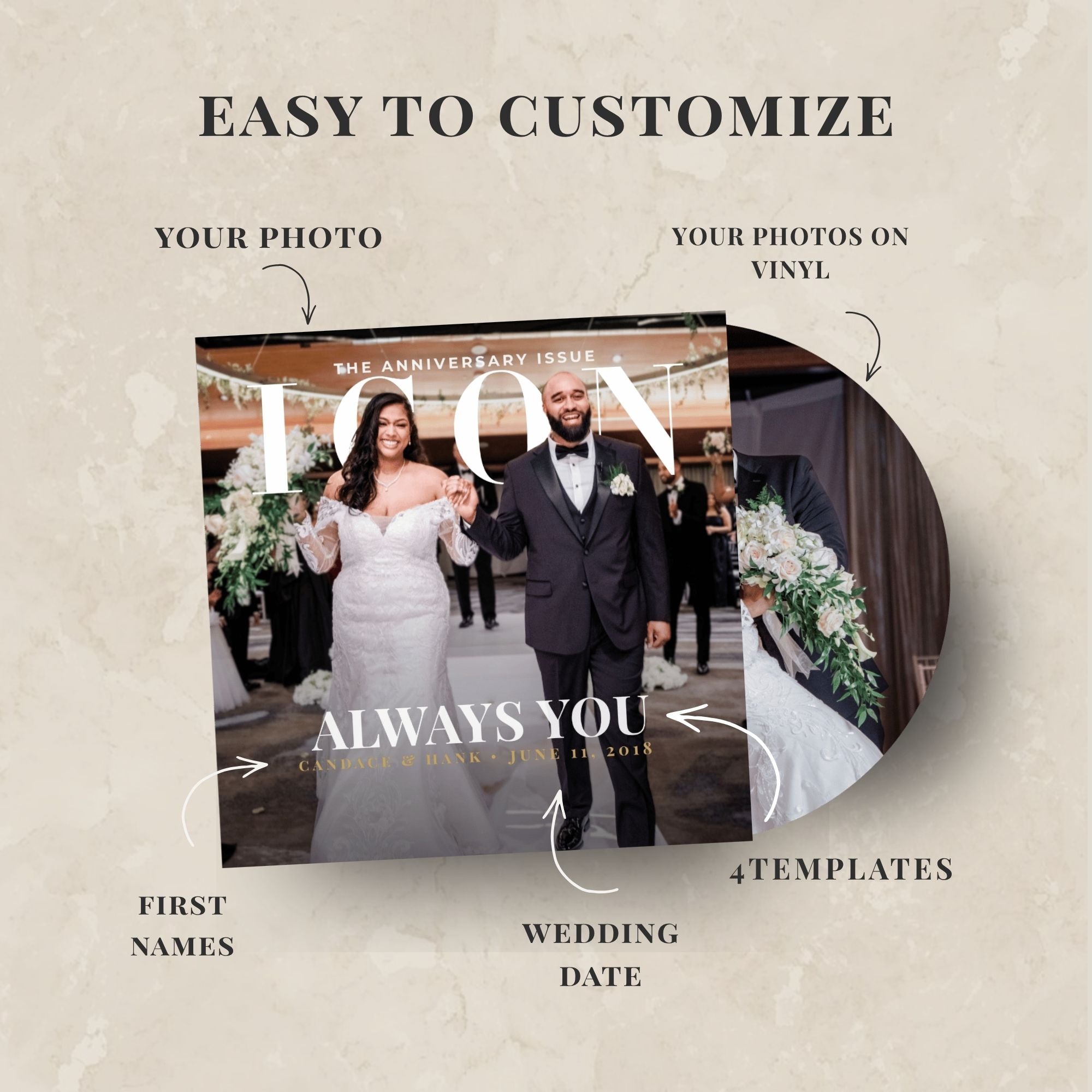 Wedding-themed customizable product with a couple and text on a beige background