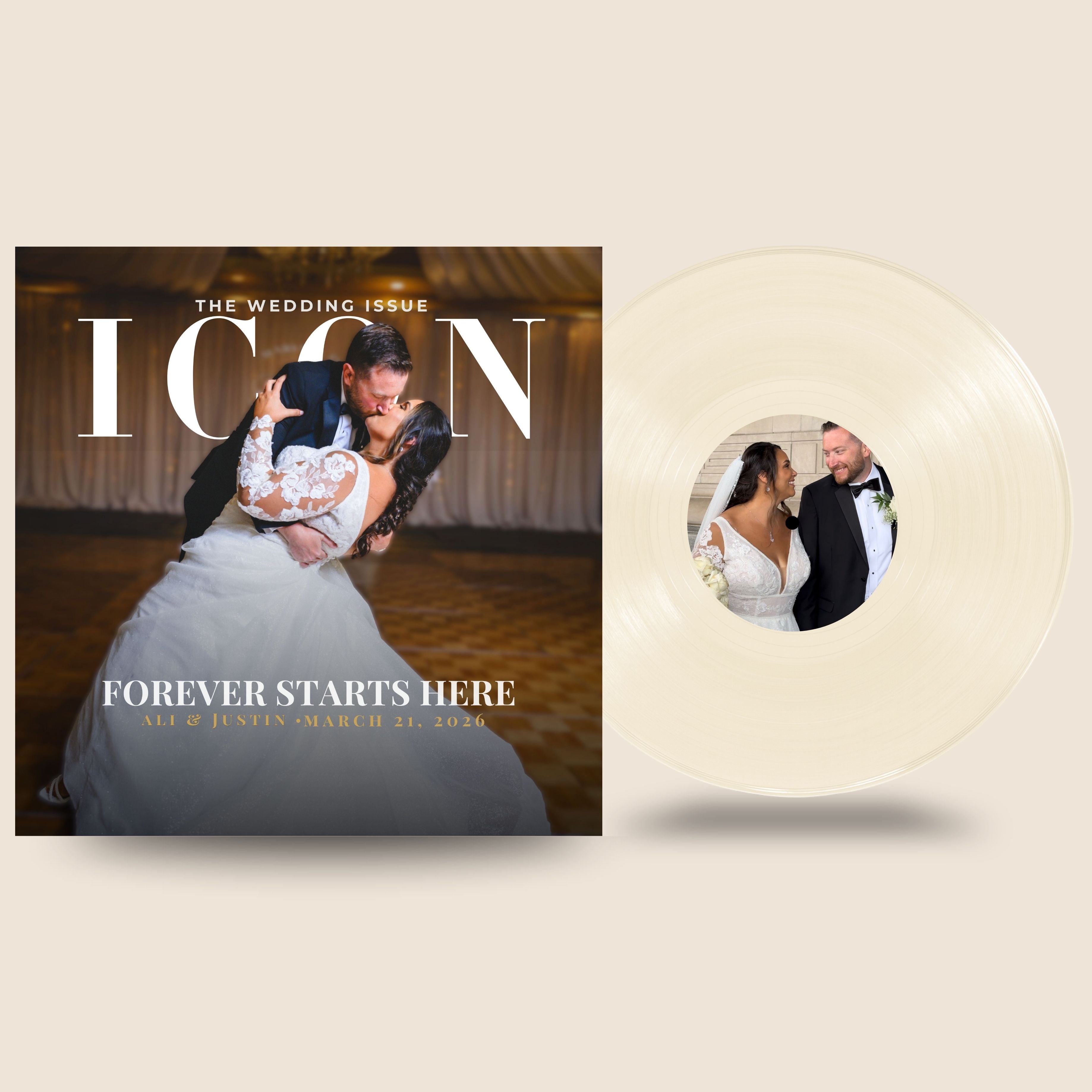 Magazine cover with a wedding couple and a circular inset of the same couple.