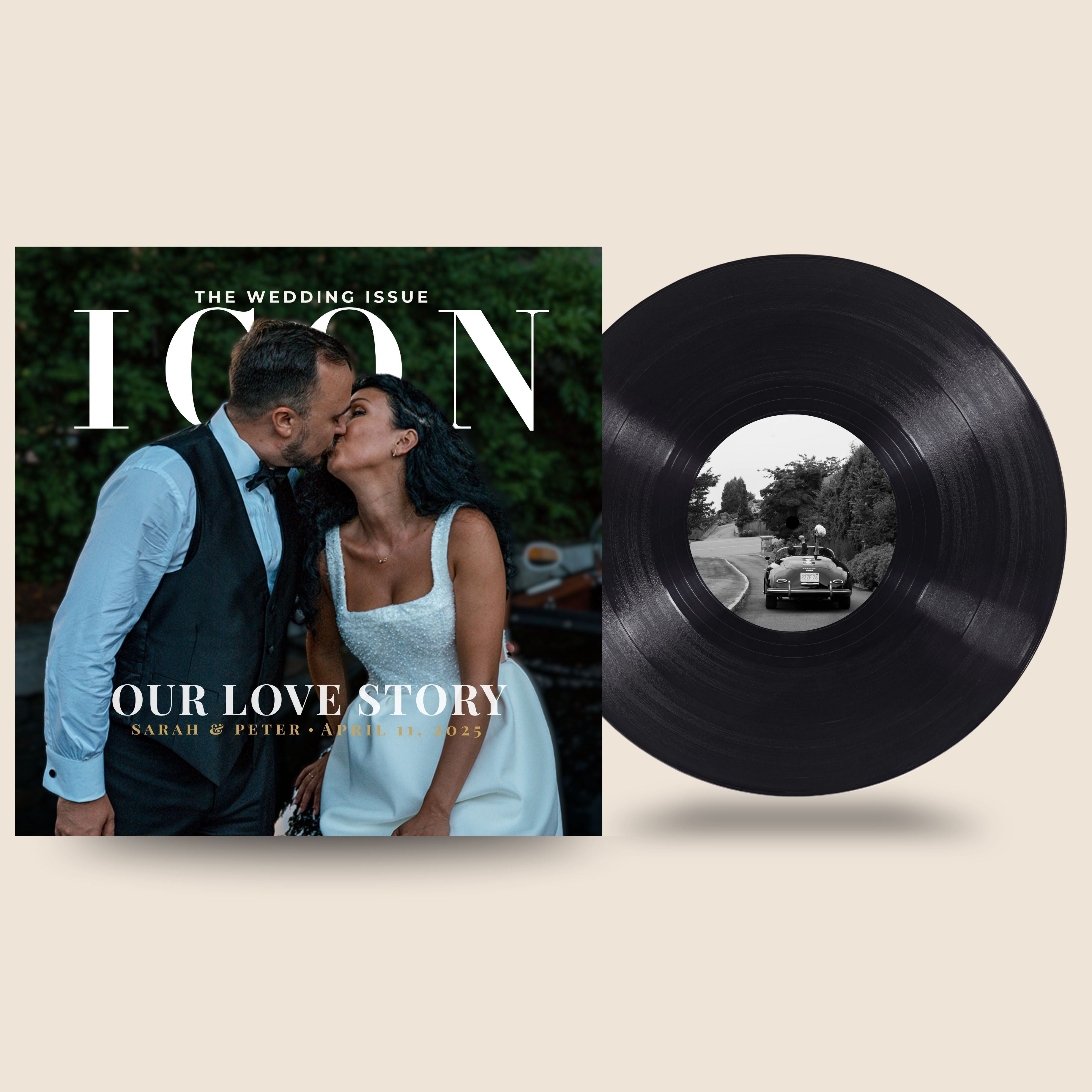 Vinyl record with a black and white photo of a couple kissing on a magazine cover titled 'ICON'.