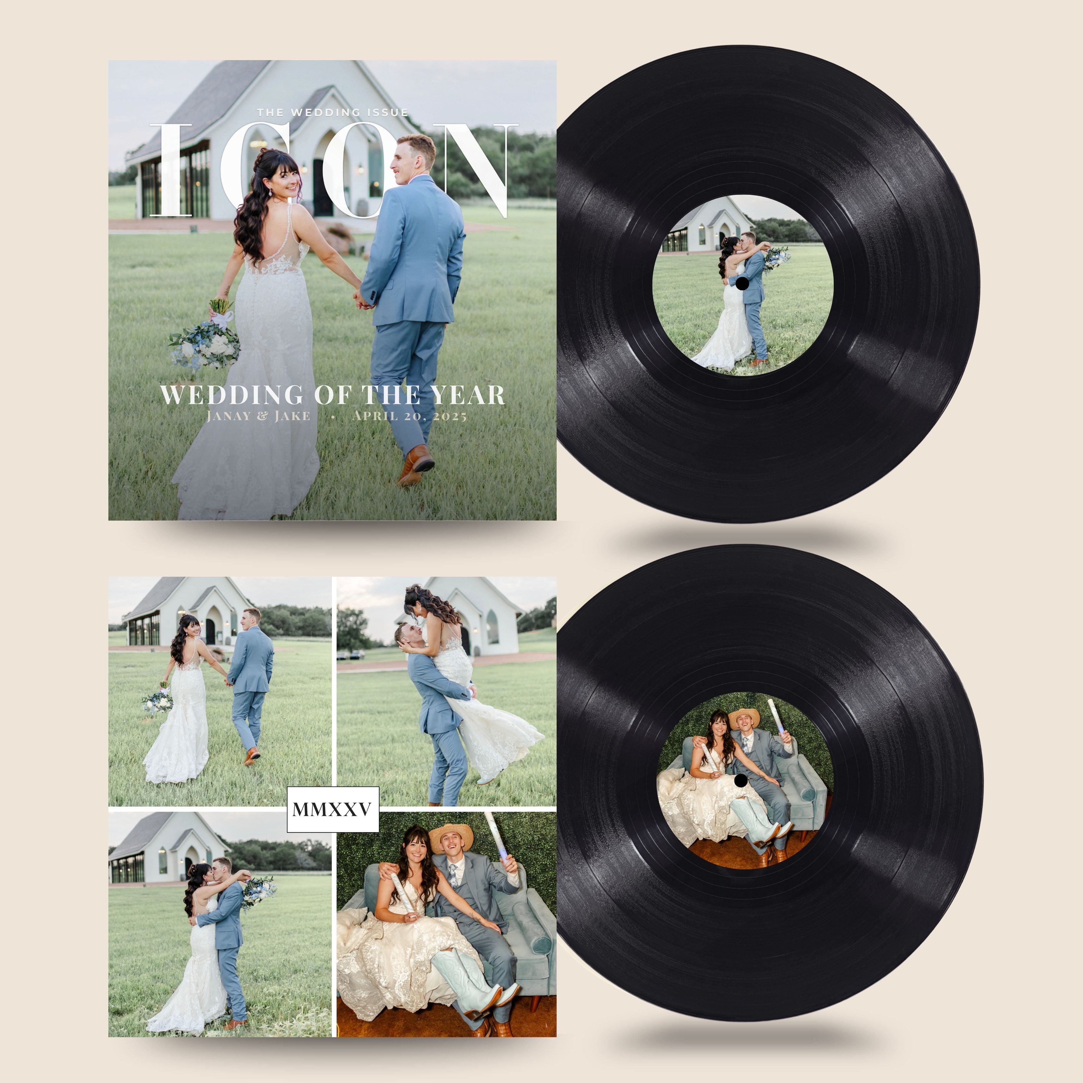 Vinyl record with wedding photo and collage on a beige background