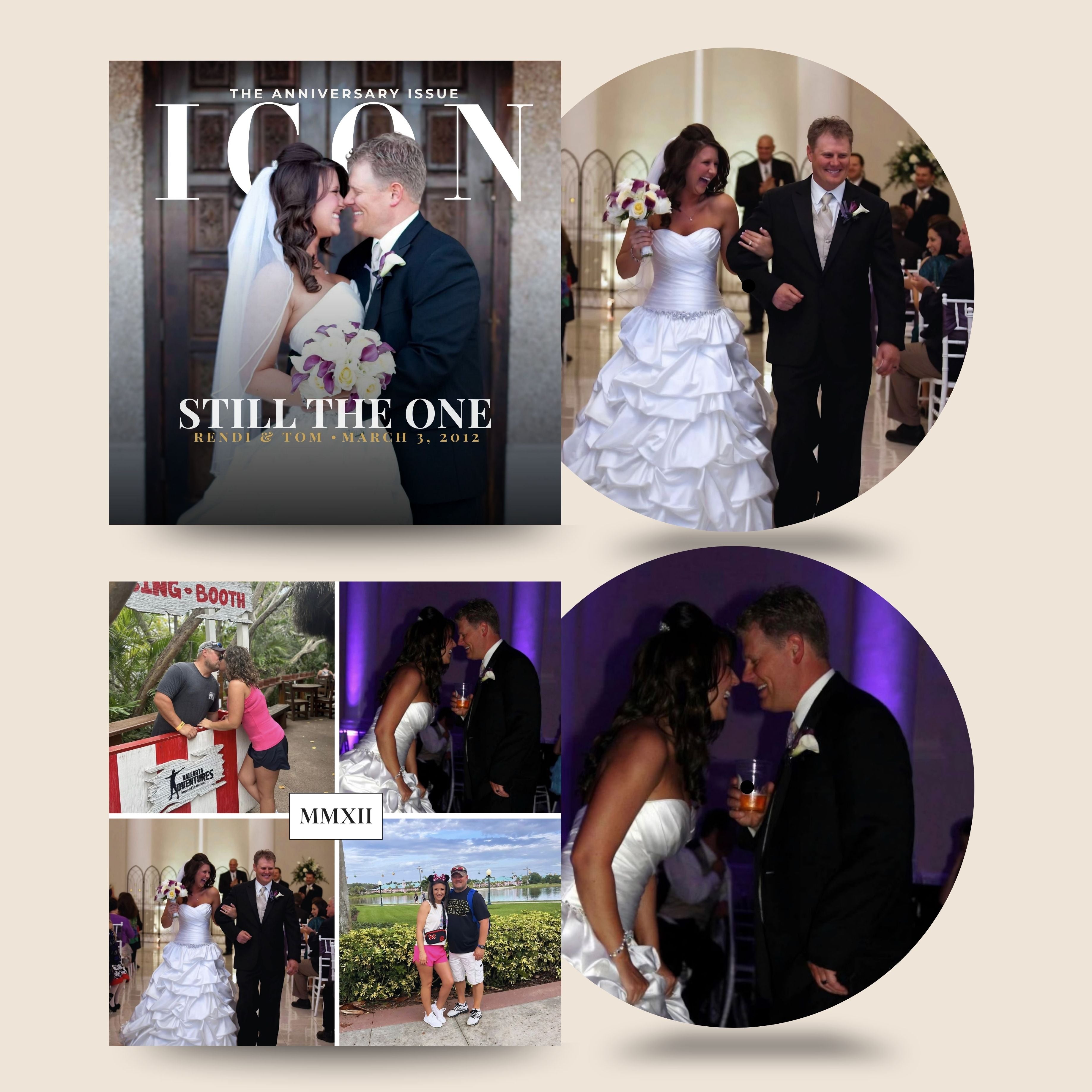 Collage of wedding photos and magazine cover with 'Still the One' text