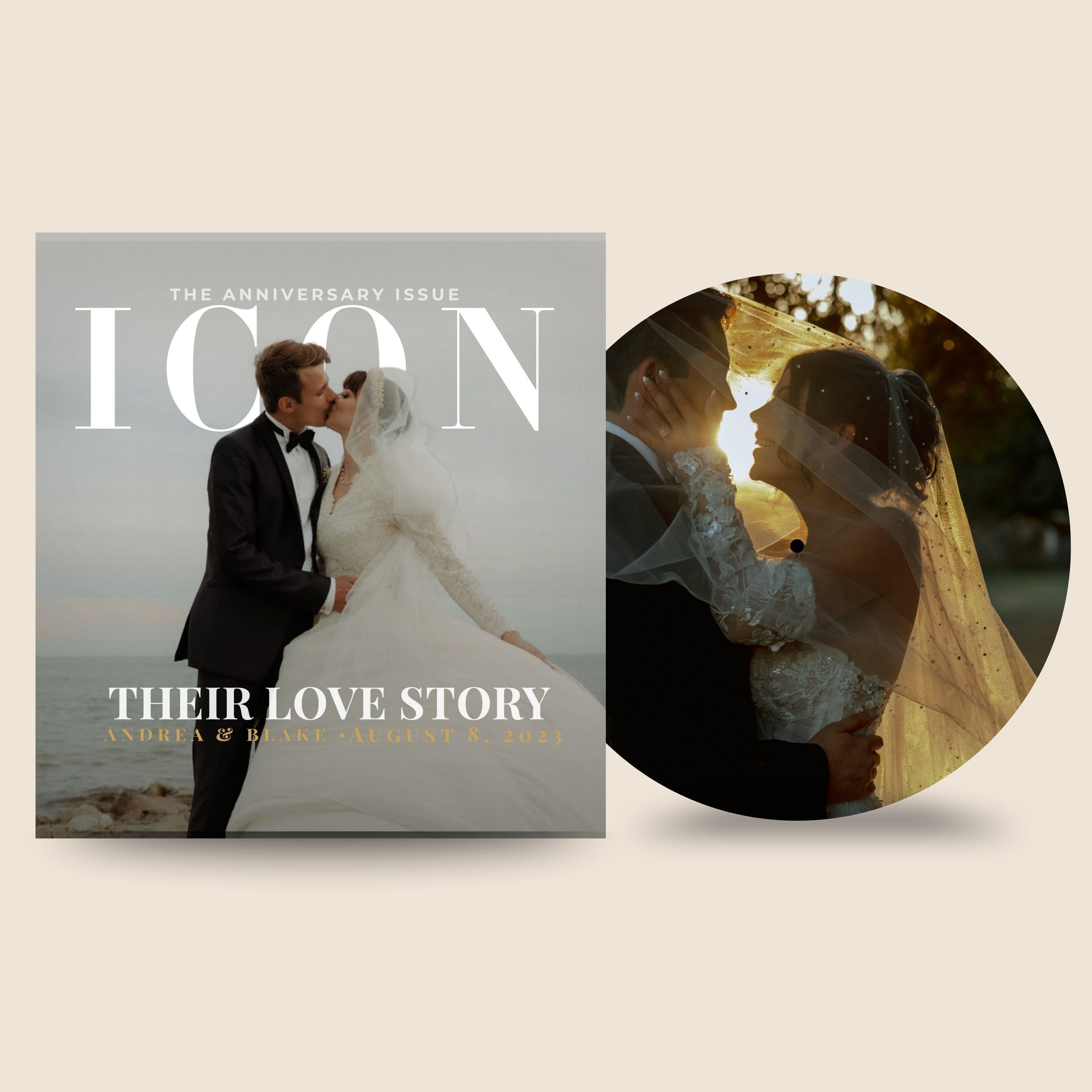 Magazine cover titled 'ICON' with a couple on the beach, featuring 'Their Love Story'.