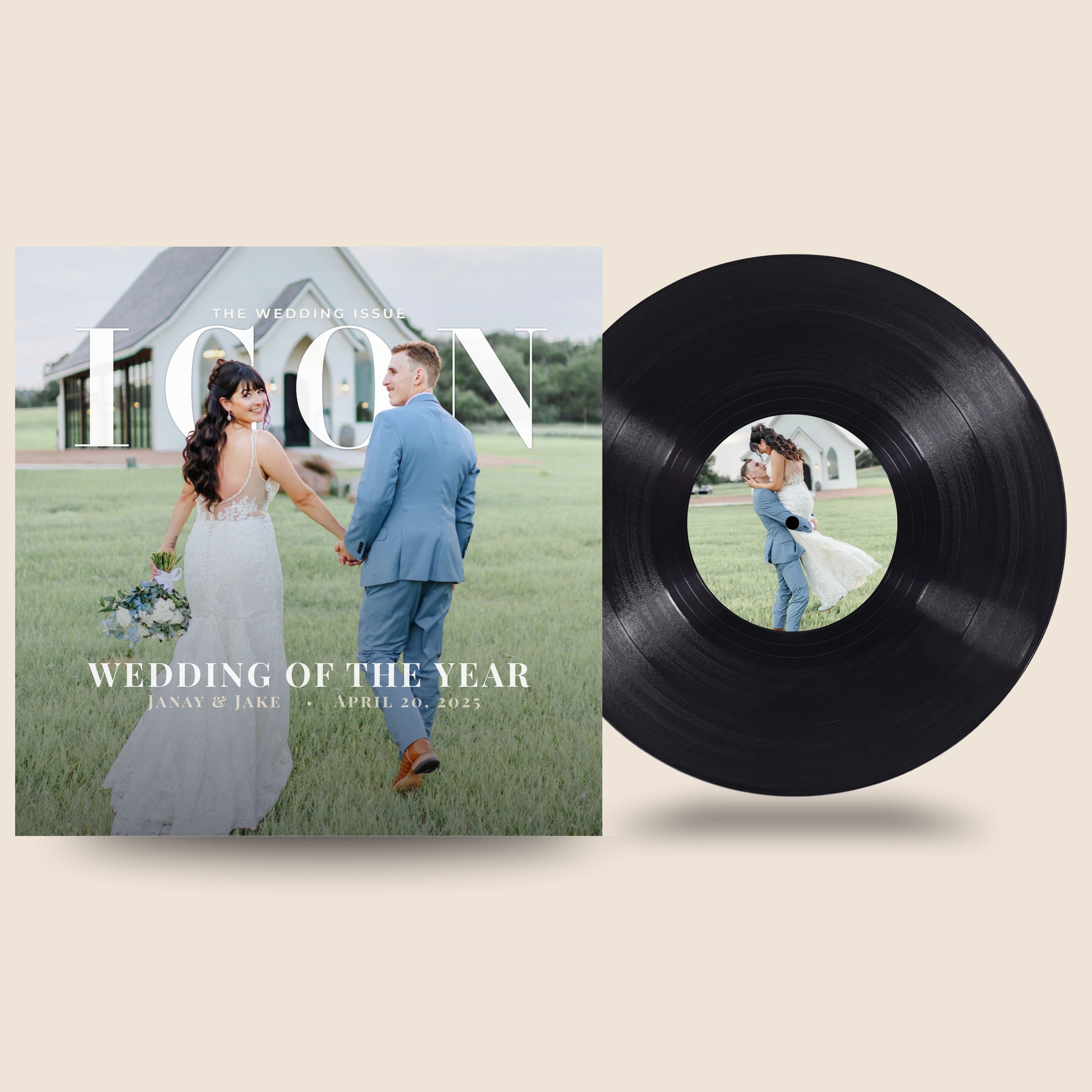 Vinyl record with a wedding photo on it next to a magazine cover featuring a couple.