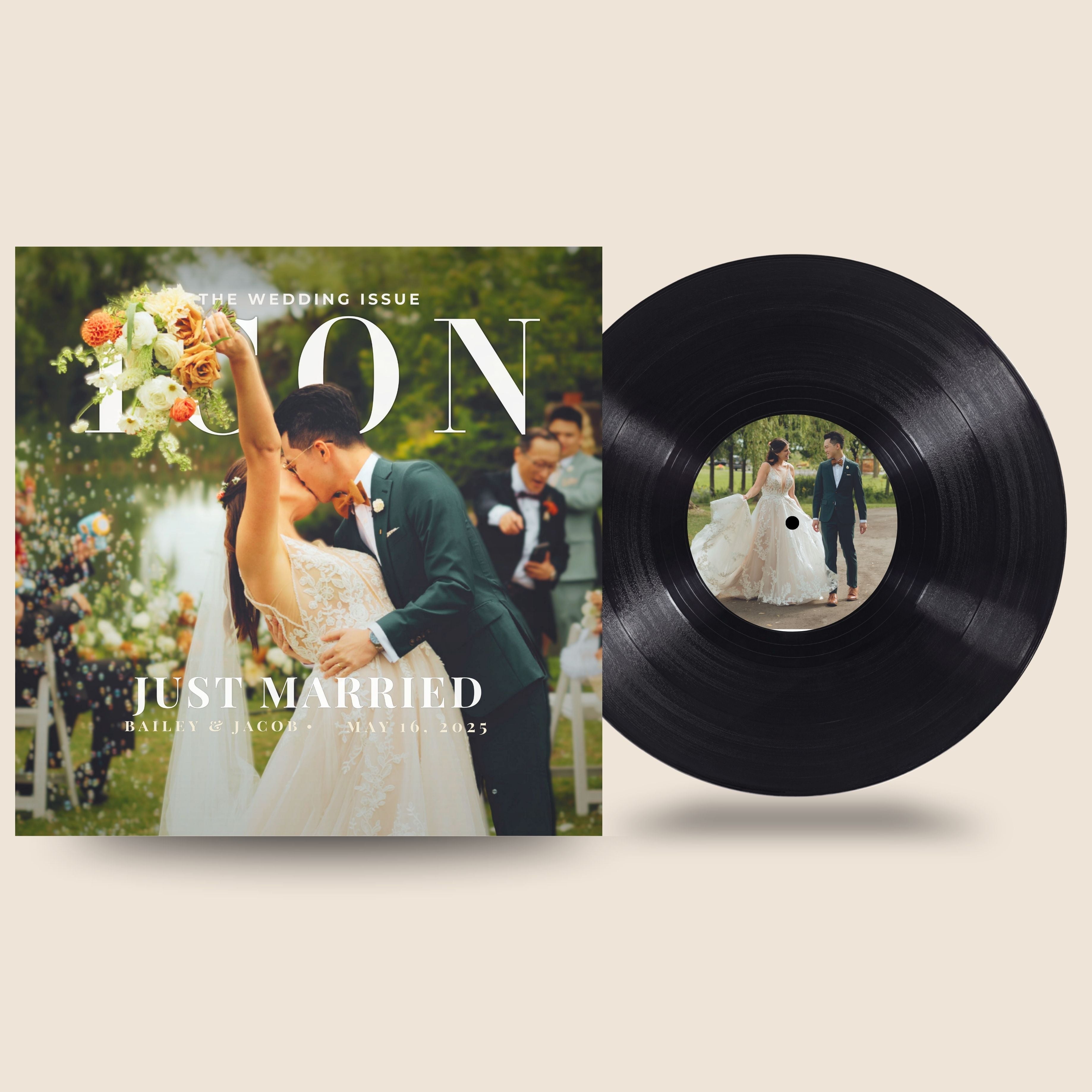 Vinyl record with a wedding-themed cover and photo of a couple on a beige background