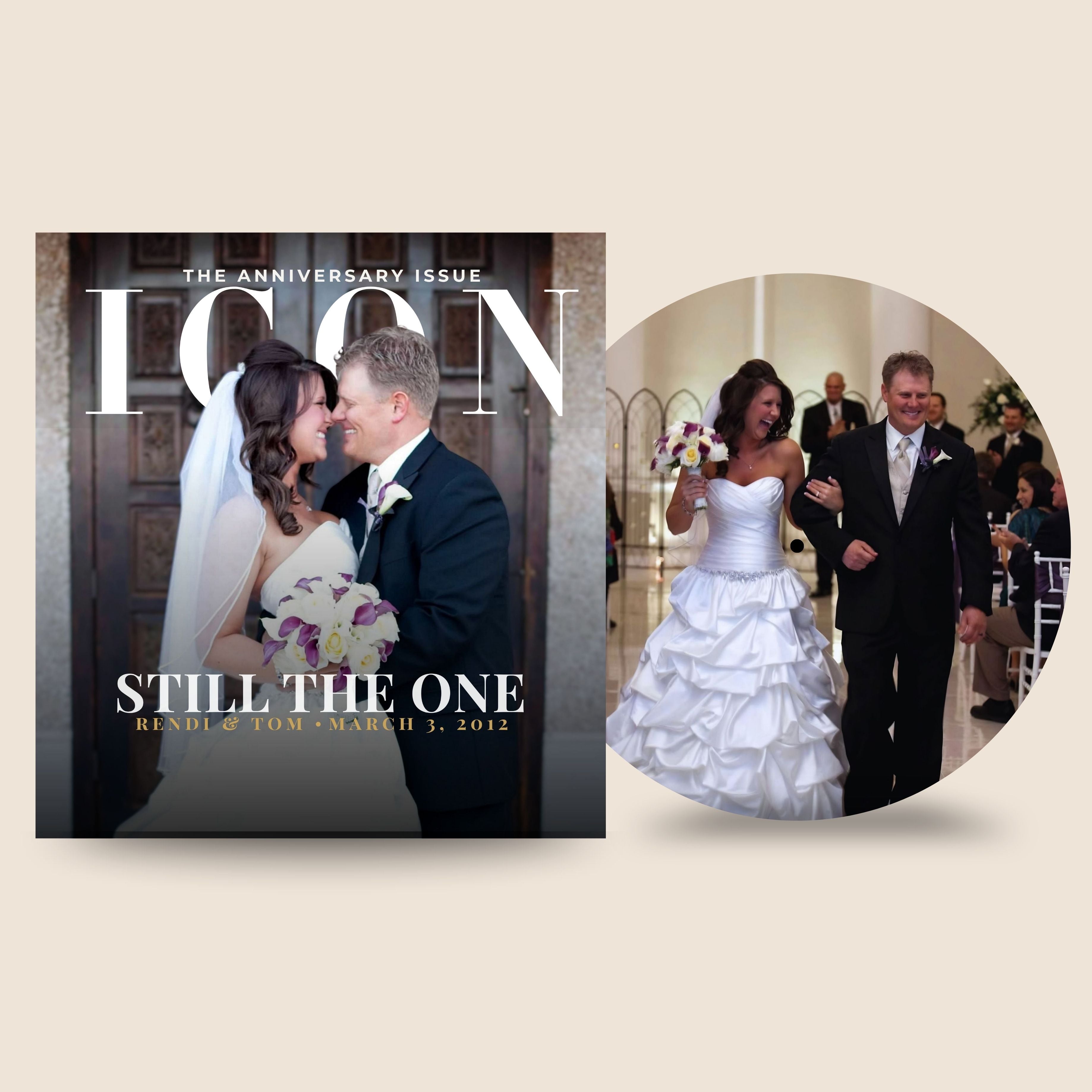 Magazine cover with a couple on the left and a wedding photo on the right.