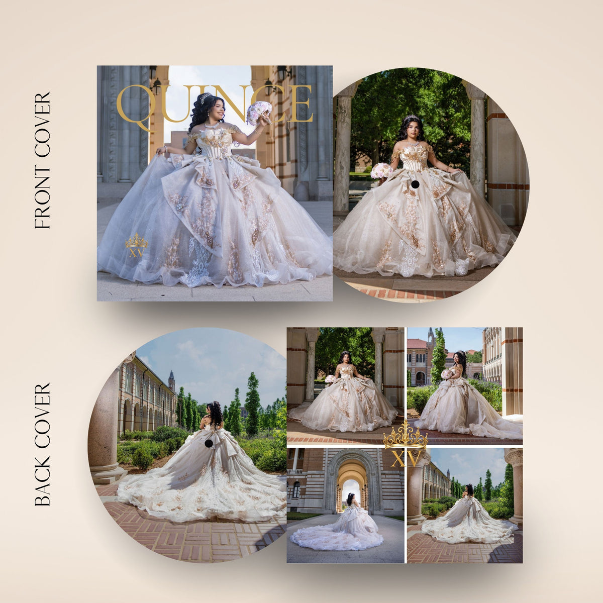 A digital preview of a custom quinceañera photo backdrop set, showing front and back cover designs. The designs feature elegant young women in elaborate ballgowns posing in grand classical buildings and lush gardens.