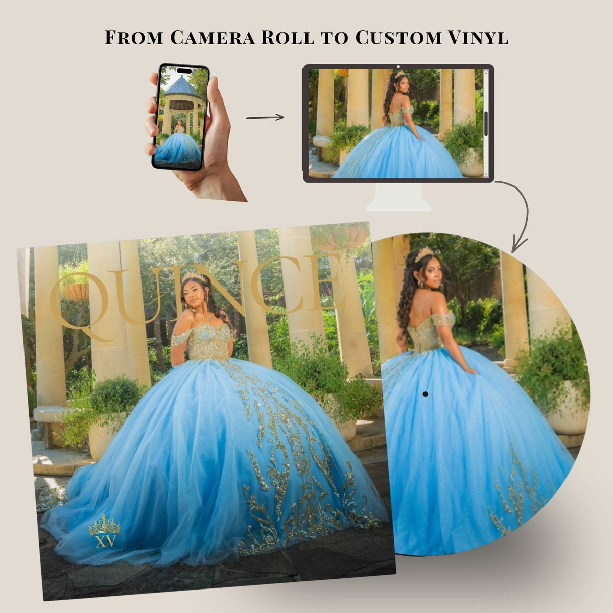 Custom vinyl photo backdrop banner service showing a light blue quinceañera ball gown on a model. The graphic includes a diagram illustrating the process: taking a photo on a phone, displaying it on a tablet, and showing the custom vinyl roll cut out with the printed design.