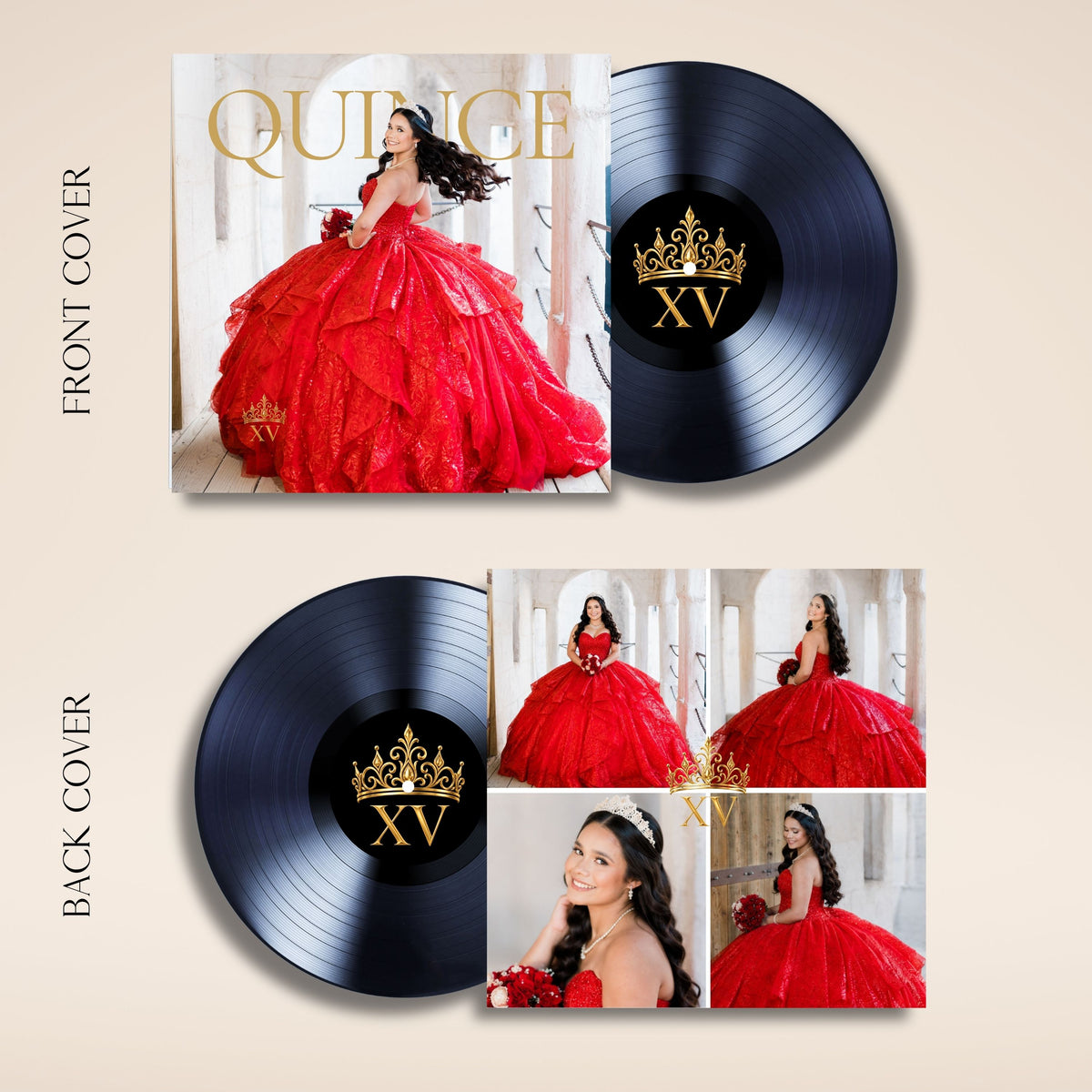 A quinceañera music album cover design showing a large red ballgown portrait on the front cover, a black vinyl record with a gold crown and 'XV' on the back, and smaller photos of the woman in the red dress on the back cover, all on a beige background with 'FRONT COVER' and 'BACK COVER' text.