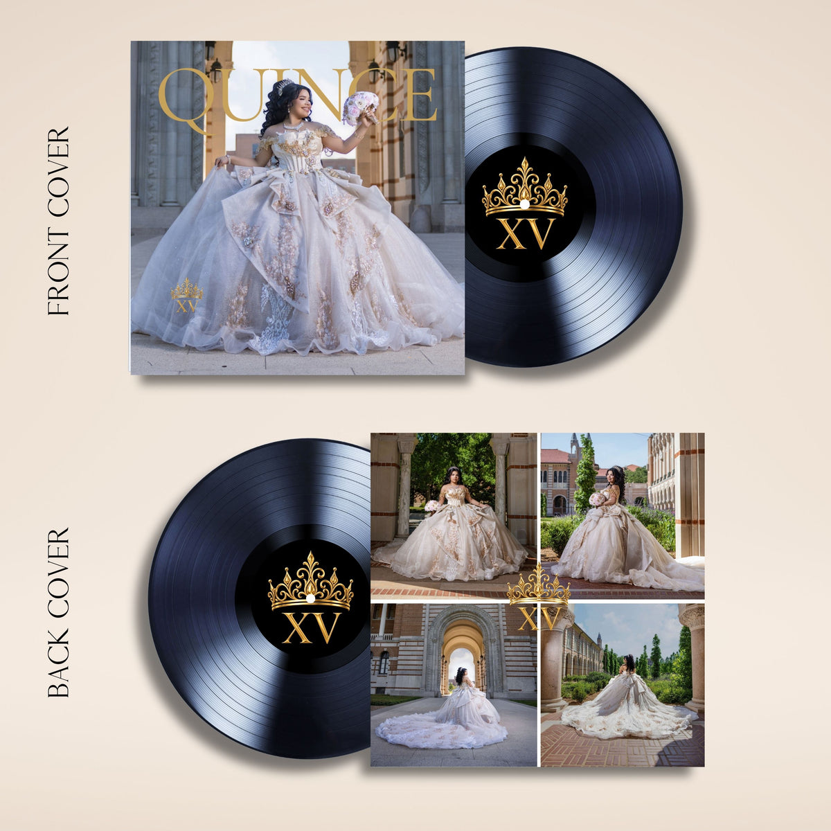 Customizable quinceañera vinyl record album cover mockup featuring a black vinyl record with a gold crown and Roman numeral XV, alongside the front and back album cover designs showing a bride in a white ballgown.
