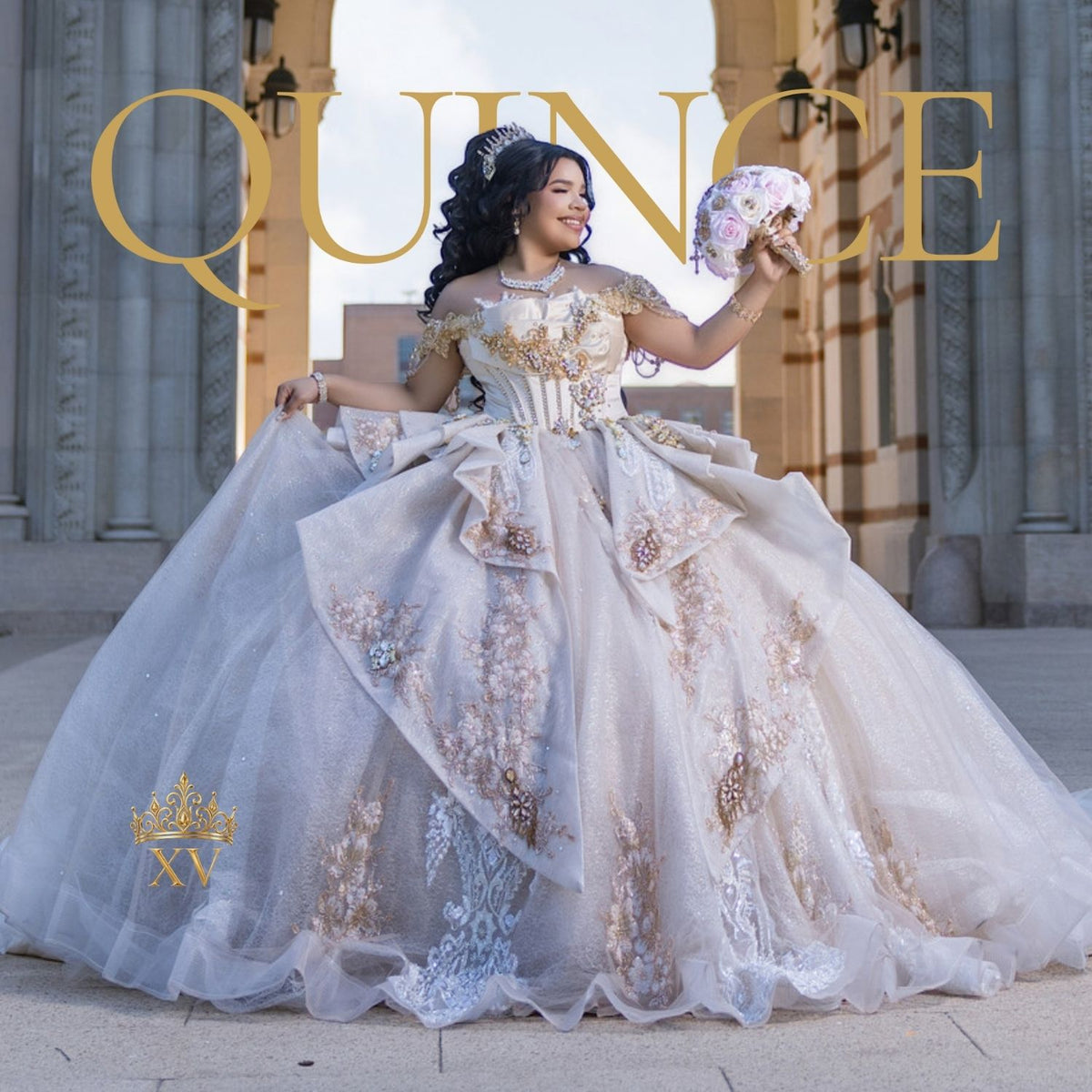 A woman wearing an elaborate off-white and gold ball gown stands in an outdoor architectural setting, holding a bouquet of flowers. Large gold text reading 'QUINCE' overlays the top of the image, and a small 'XV' crown logo appears near the lower left on the dress.