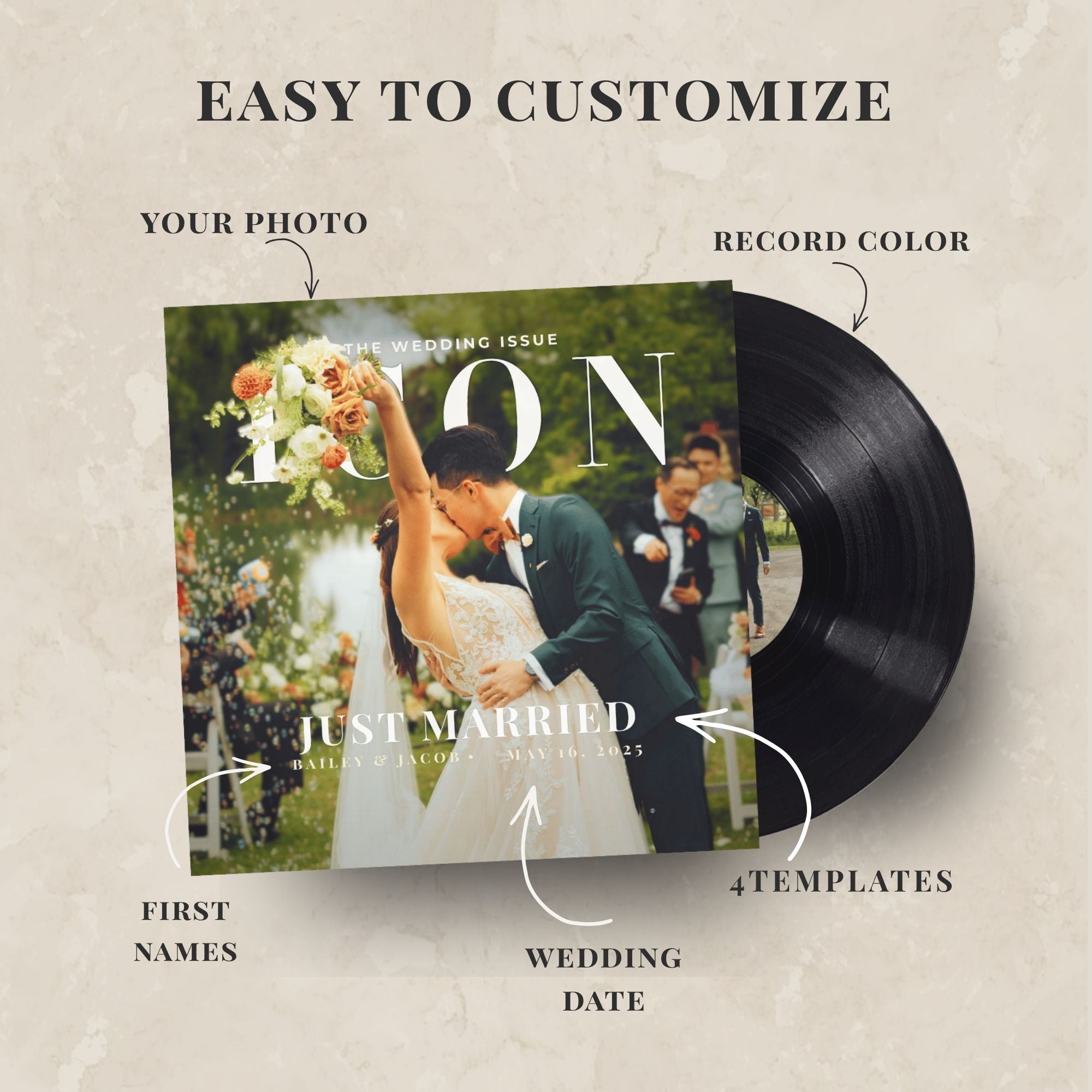 Vinyl record with a wedding photo and customization options on a beige background