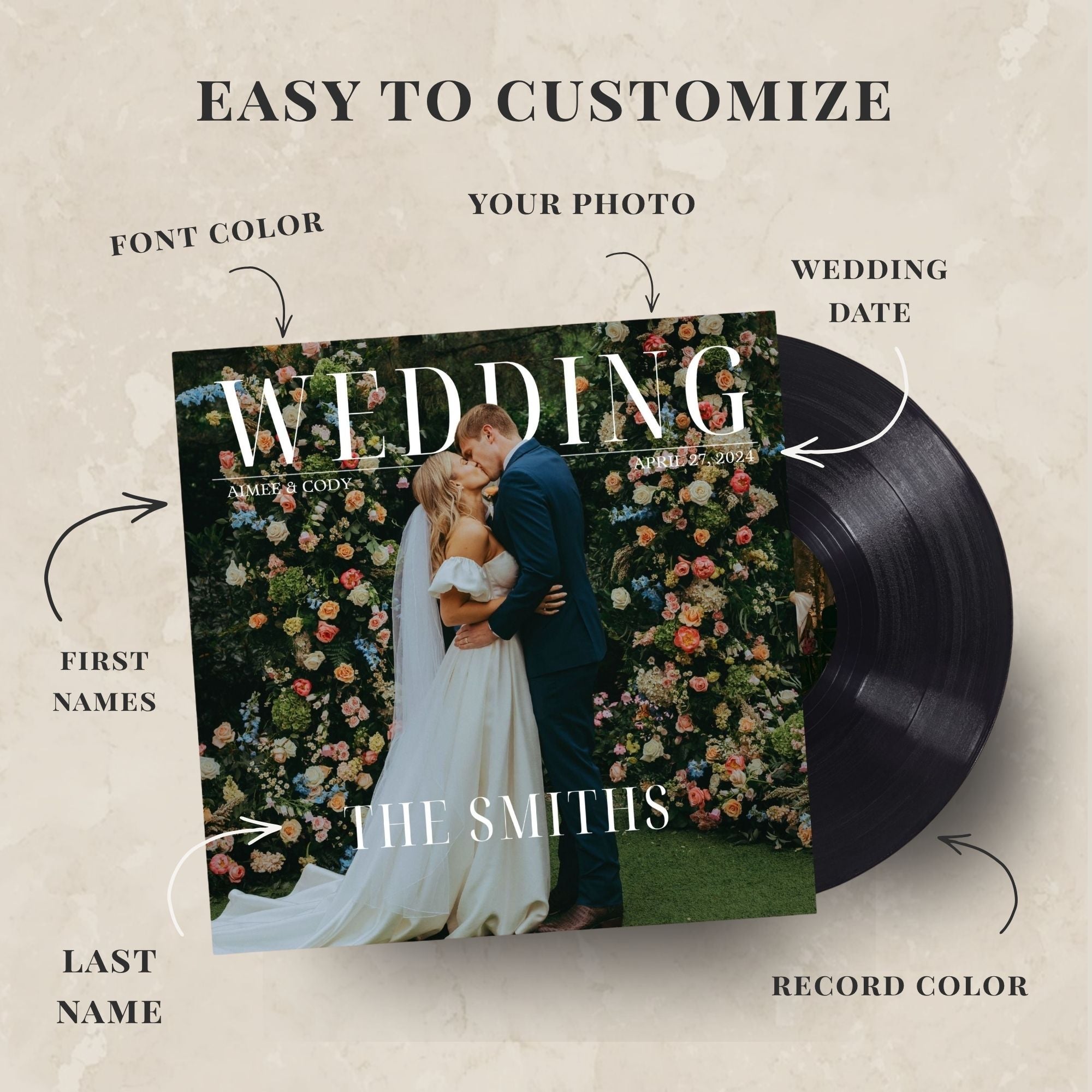 Vinyl record with customizable wedding design elements on a beige background