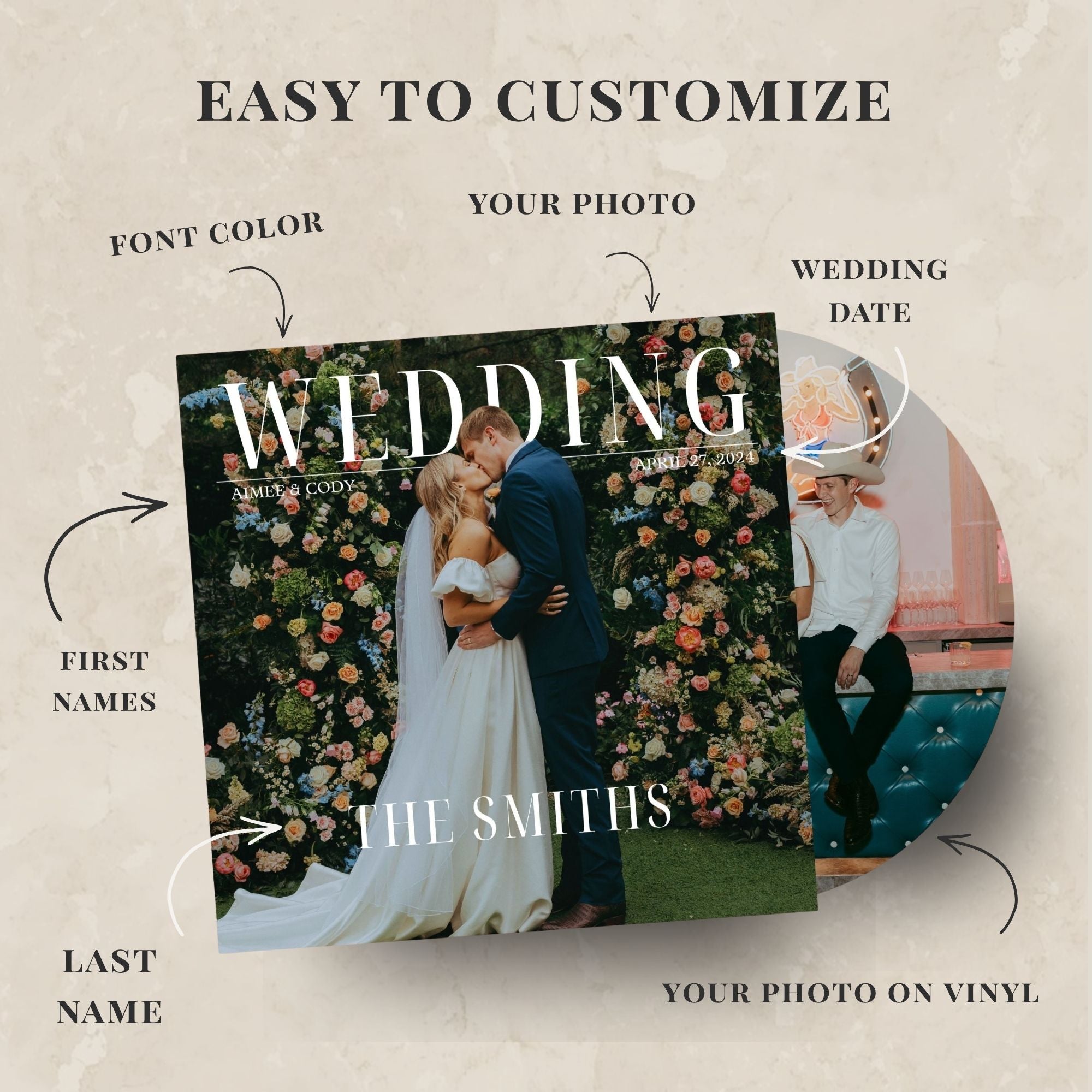 Wedding album with customizable elements on a beige background