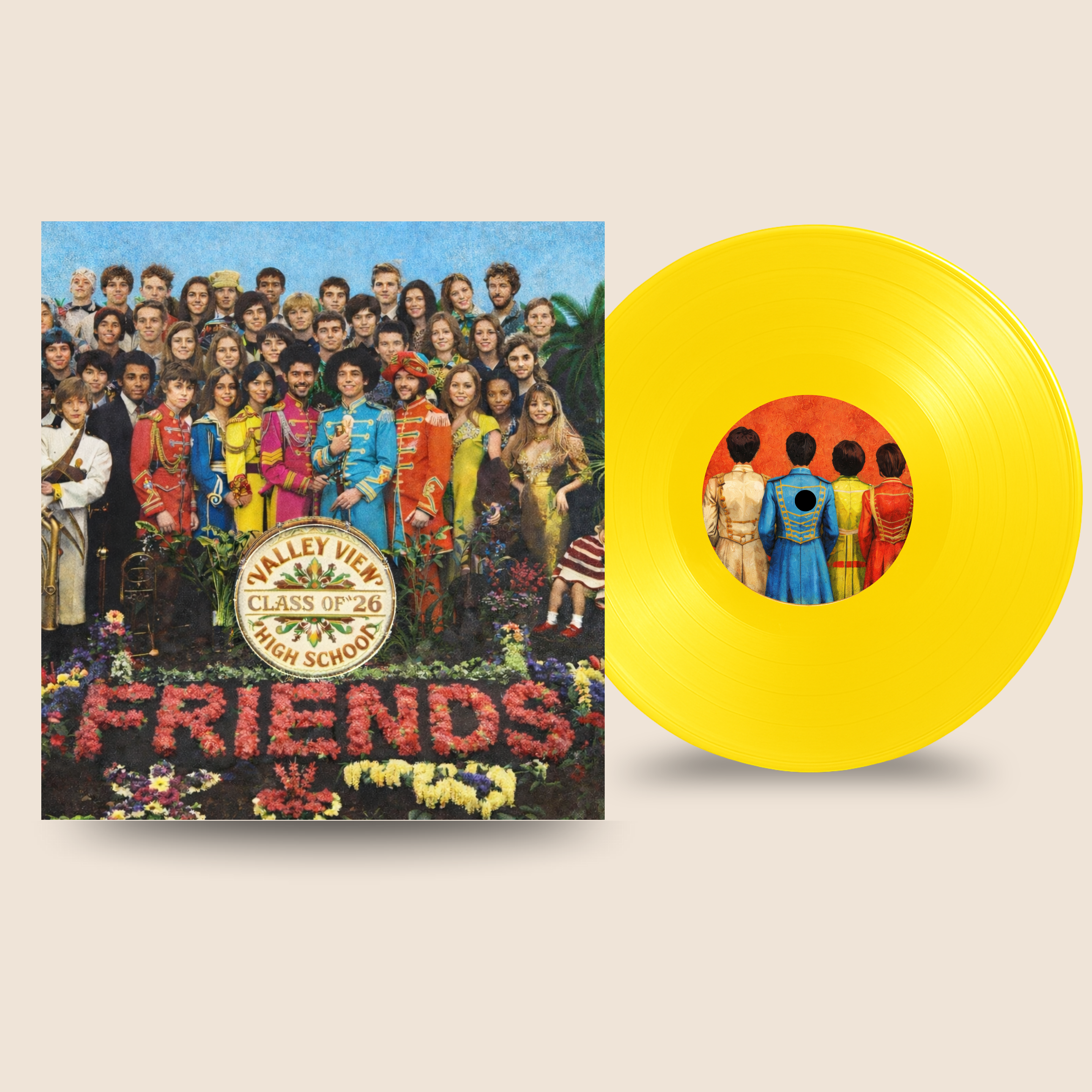 12″ Custom Mixtape Vinyl Record – Studio Color Series by Black Label Vinyl featuring a bright yellow 12-inch lathe-cut record with custom center label, shown with a vibrant, full-color album cover.