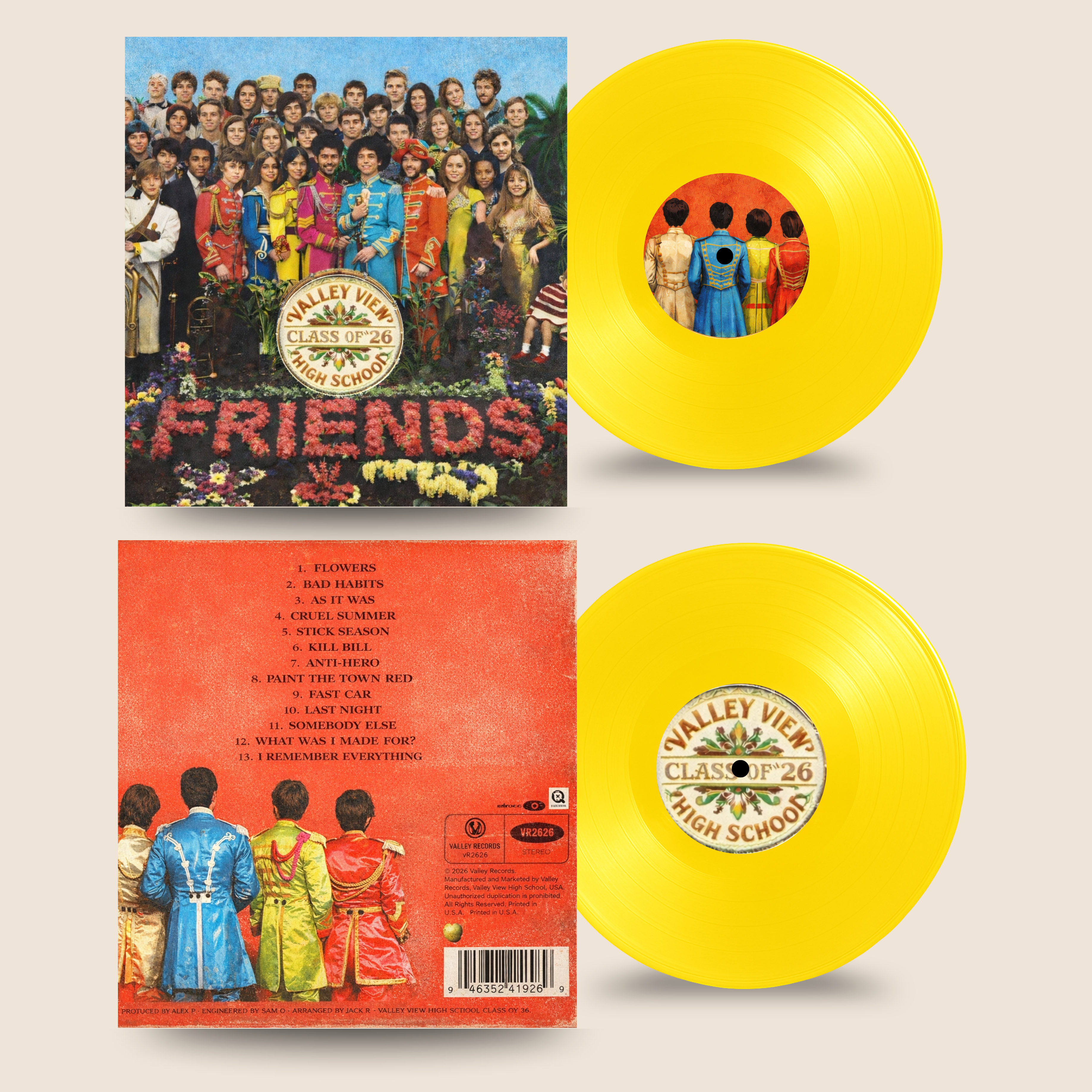 12″ Custom Mixtape Vinyl Record – Studio Color Series by Black Label Vinyl featuring a bright yellow 12-inch lathe-cut record with custom center labels, shown with full front and back album cover artwork in a complete product mockup.