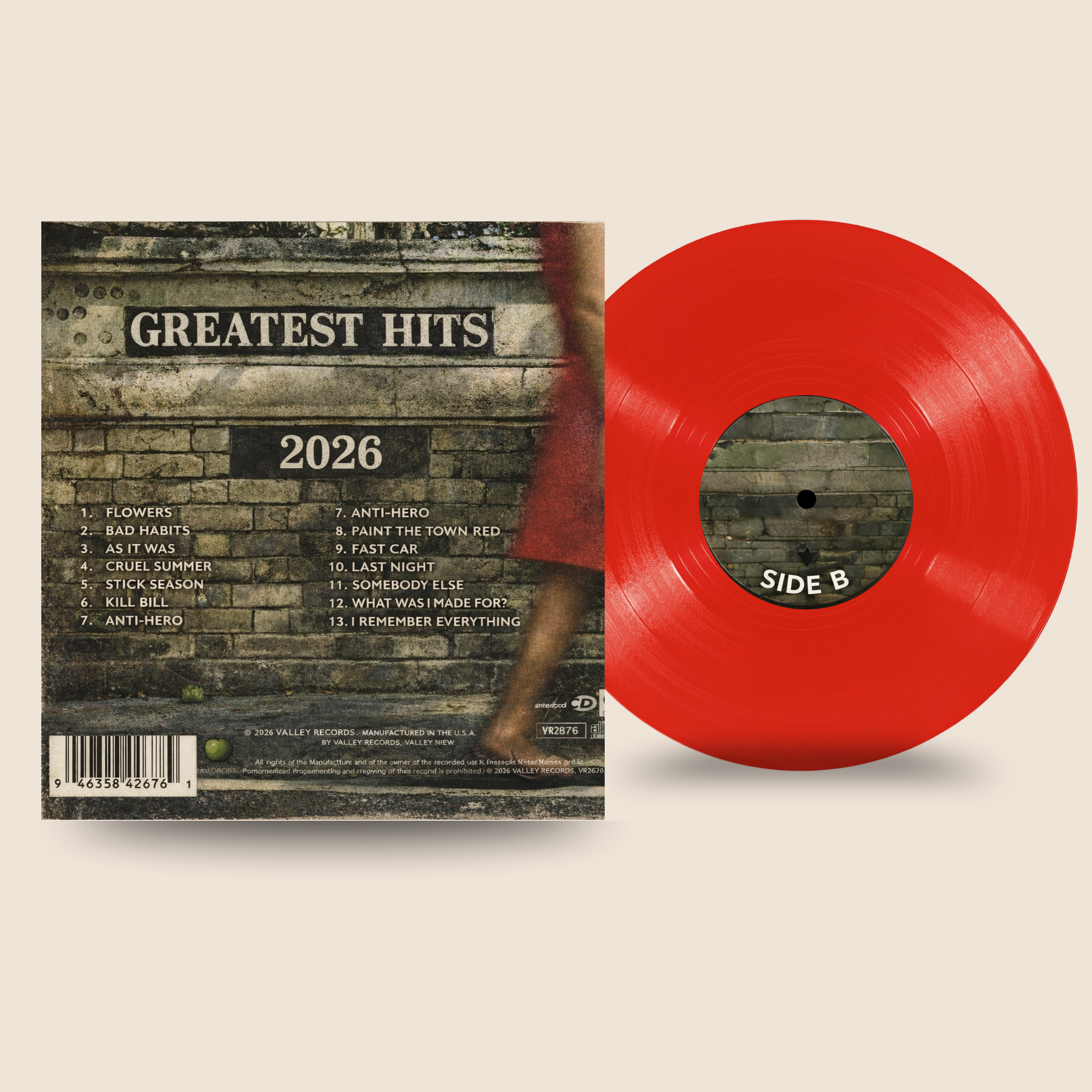 12″ Custom Mixtape Vinyl Record – Studio Color Series by Black Label Vinyl featuring a cherry red 12-inch lathe-cut record with a Side B center label, shown alongside a vintage “Greatest Hits” style album back cover with tracklist.