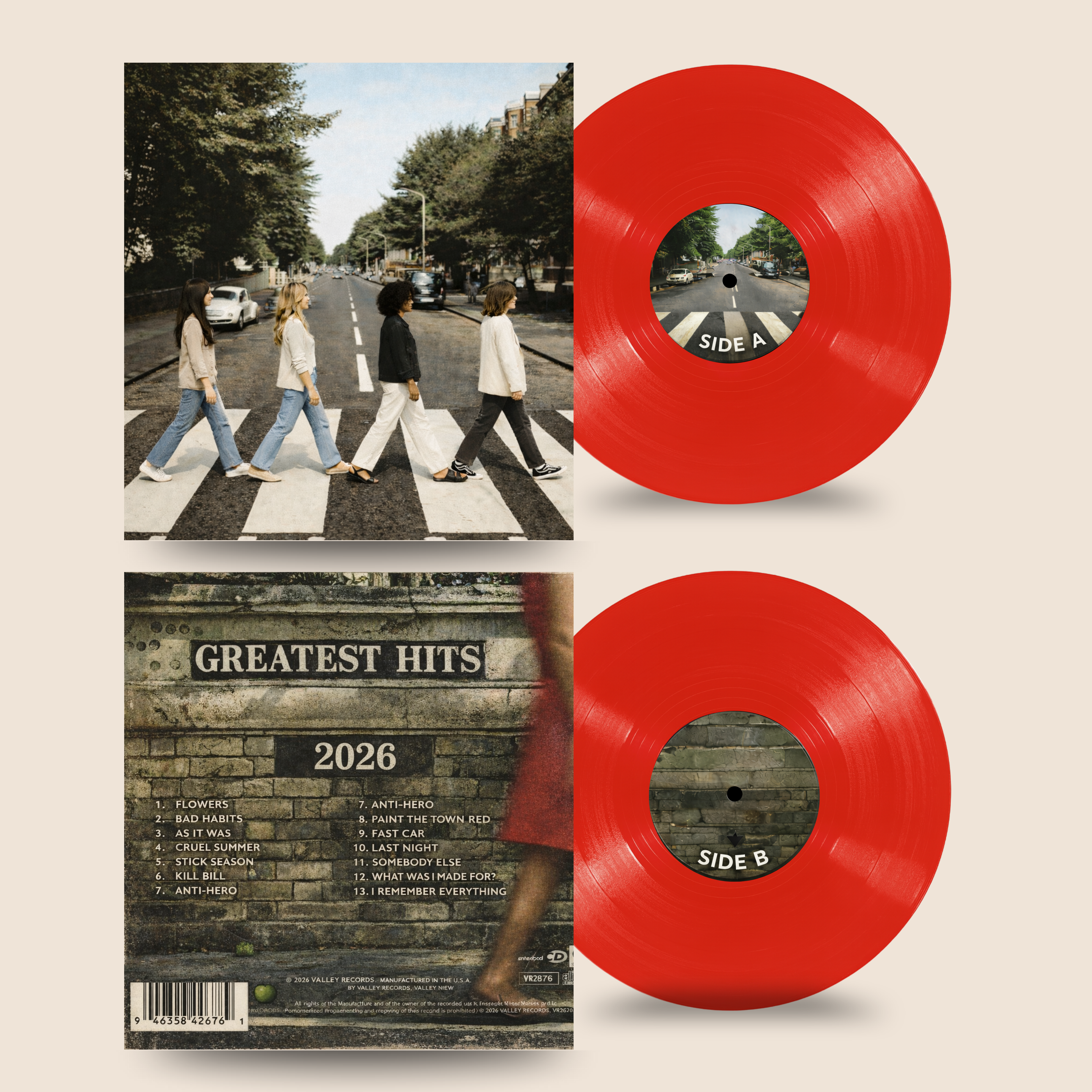 12″ Custom Mixtape Vinyl Record – Studio Color Series by Black Label Vinyl featuring a cherry red 12-inch lathe-cut record shown with matching Side A and Side B center labels, alongside front and back album cover artwork in a complete product mockup.