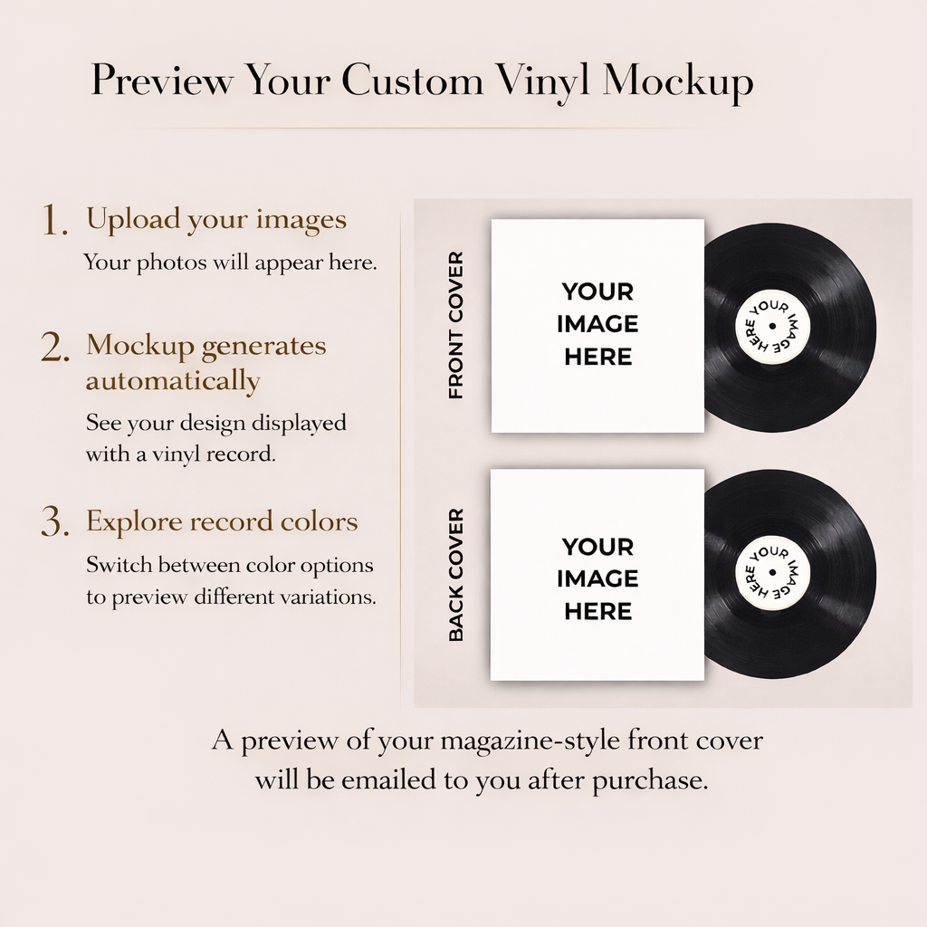 Custom vinyl mockup generator with front and back cover options and vinyl records.