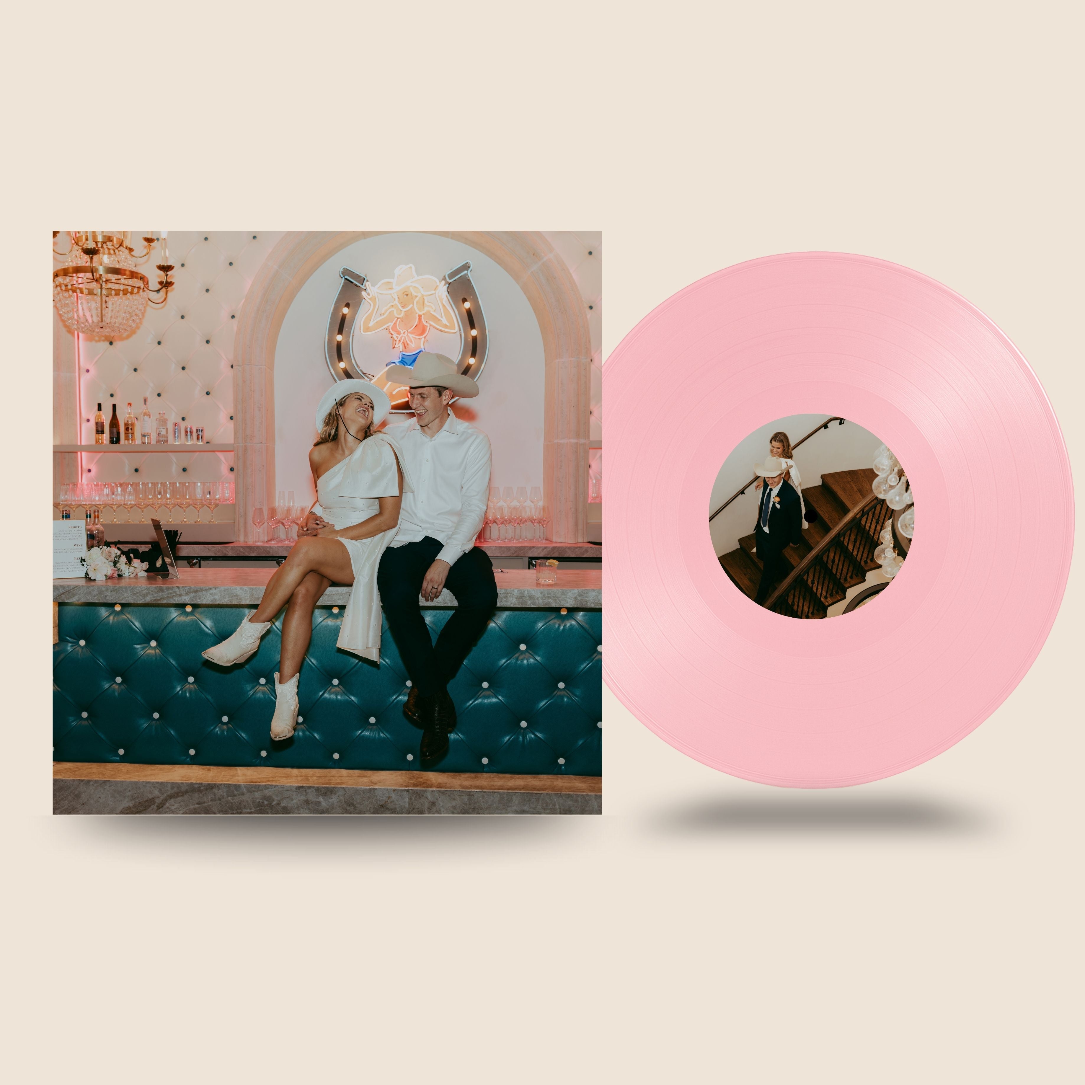Wedding Special Edition custom vinyl record by Black Label Vinyl featuring a blush pink 12-inch lathe-cut record with personalized photo center label, shown with a custom wedding album back cover.