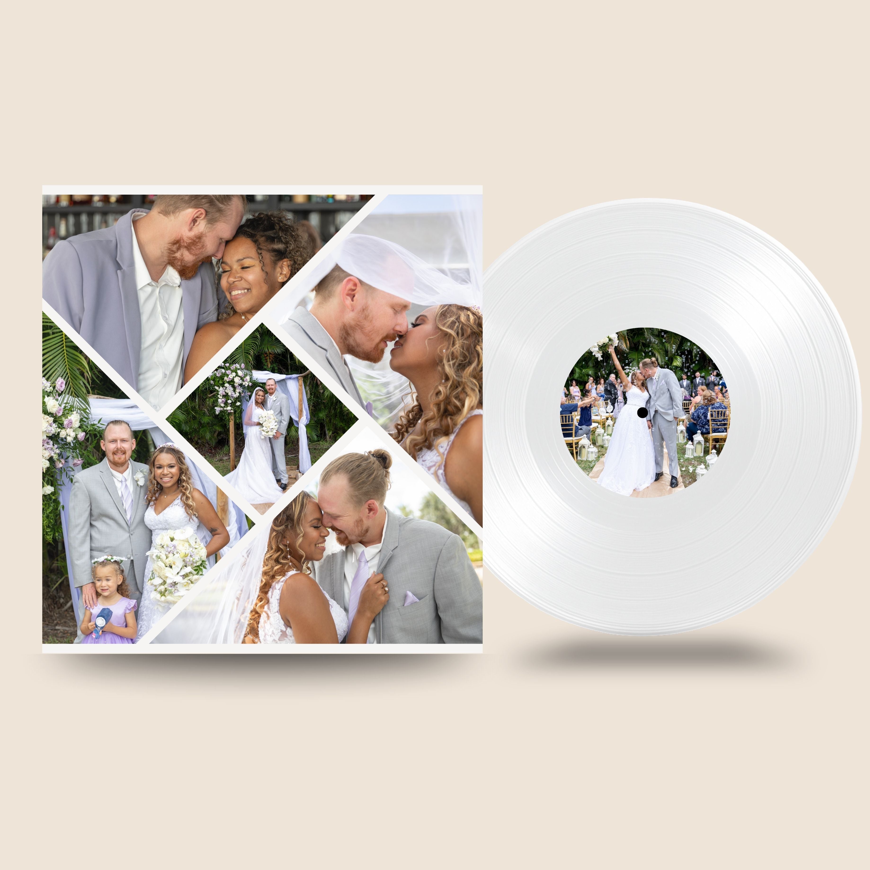 Wedding Special Edition custom vinyl record by Black Label Vinyl featuring a white 12-inch lathe-cut record with personalized photo center label, shown with a custom wedding album back cover collage.