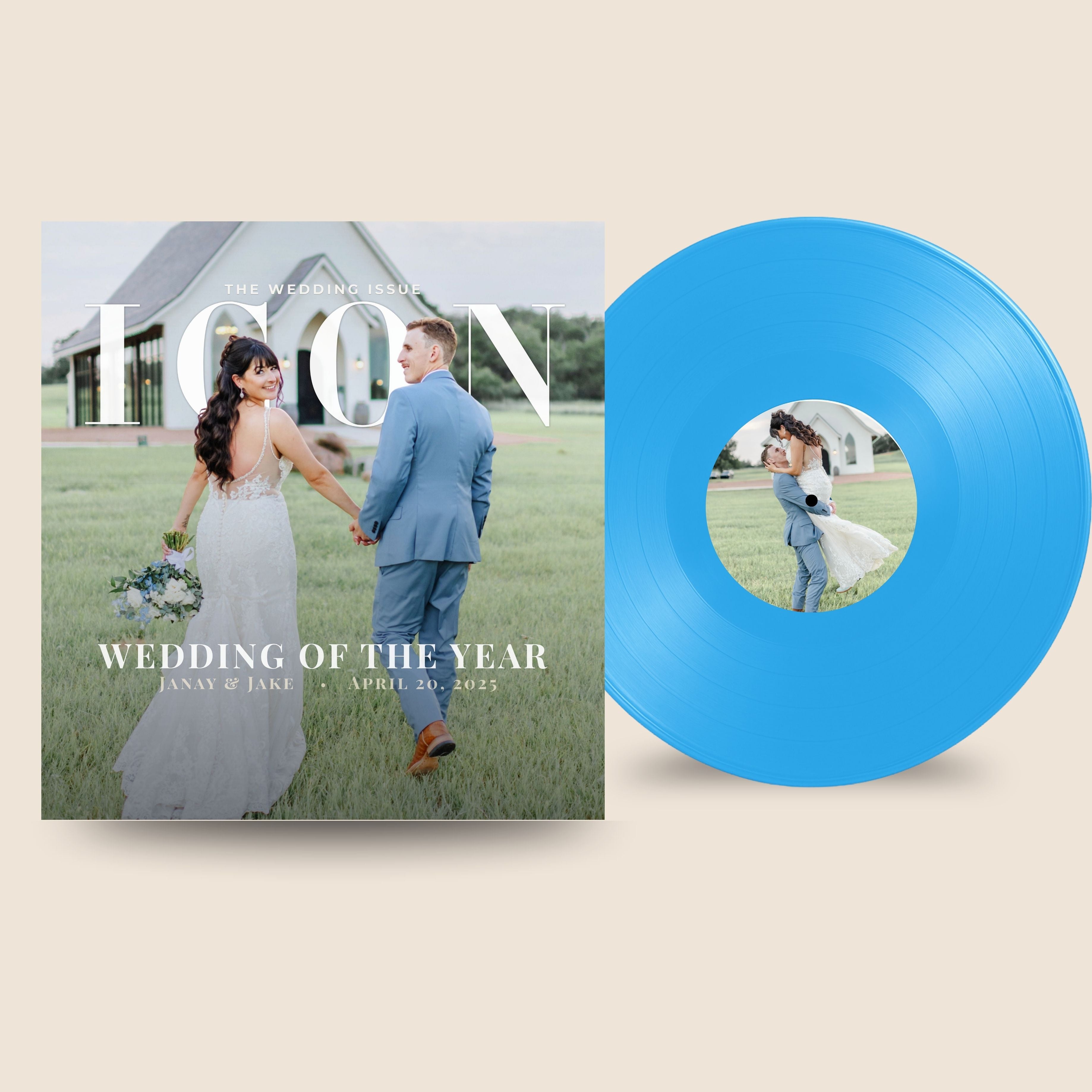 Vinyl record with a couple on the cover and a magazine featuring the same couple.
