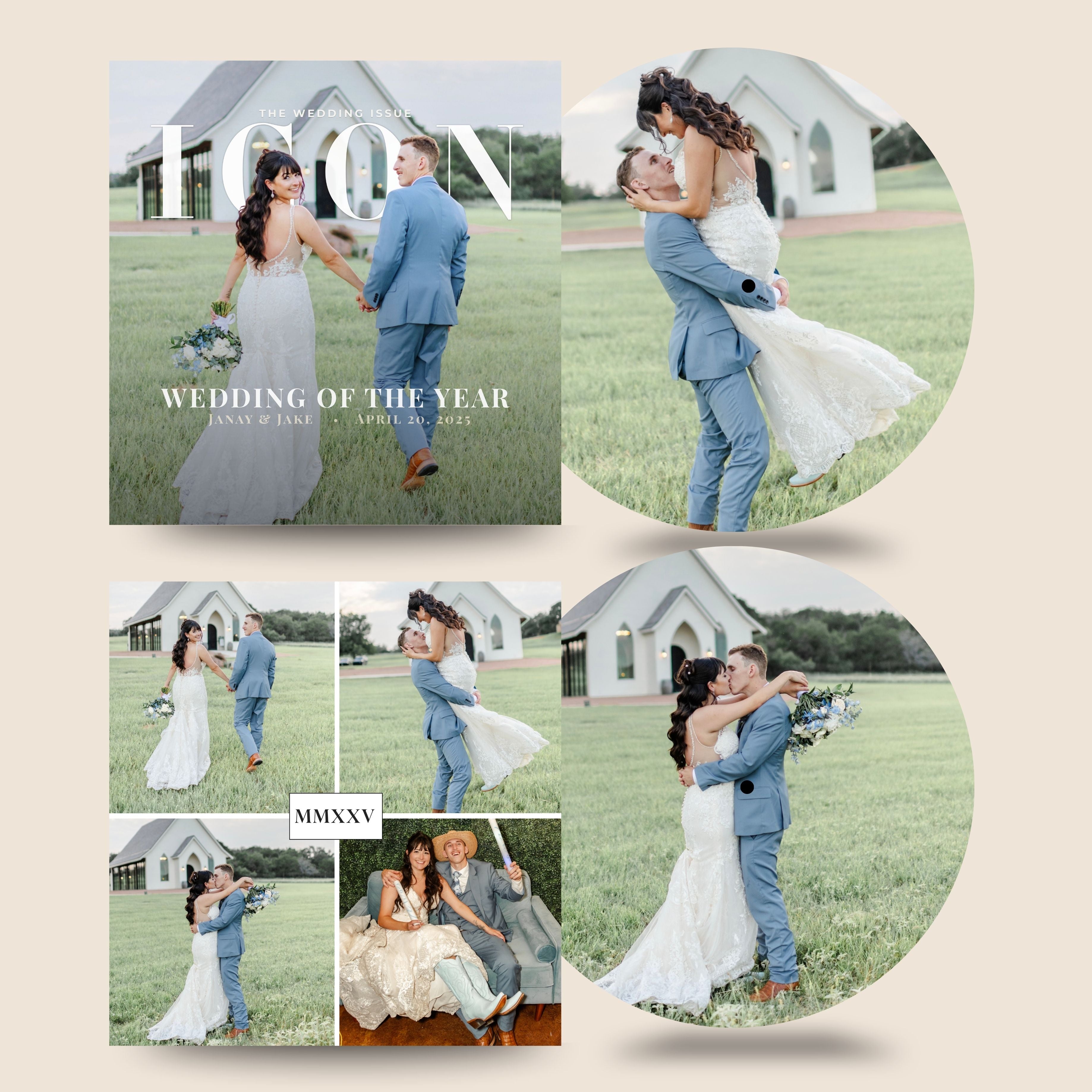 Collage of wedding photos with a couple in a field and a church in the background.