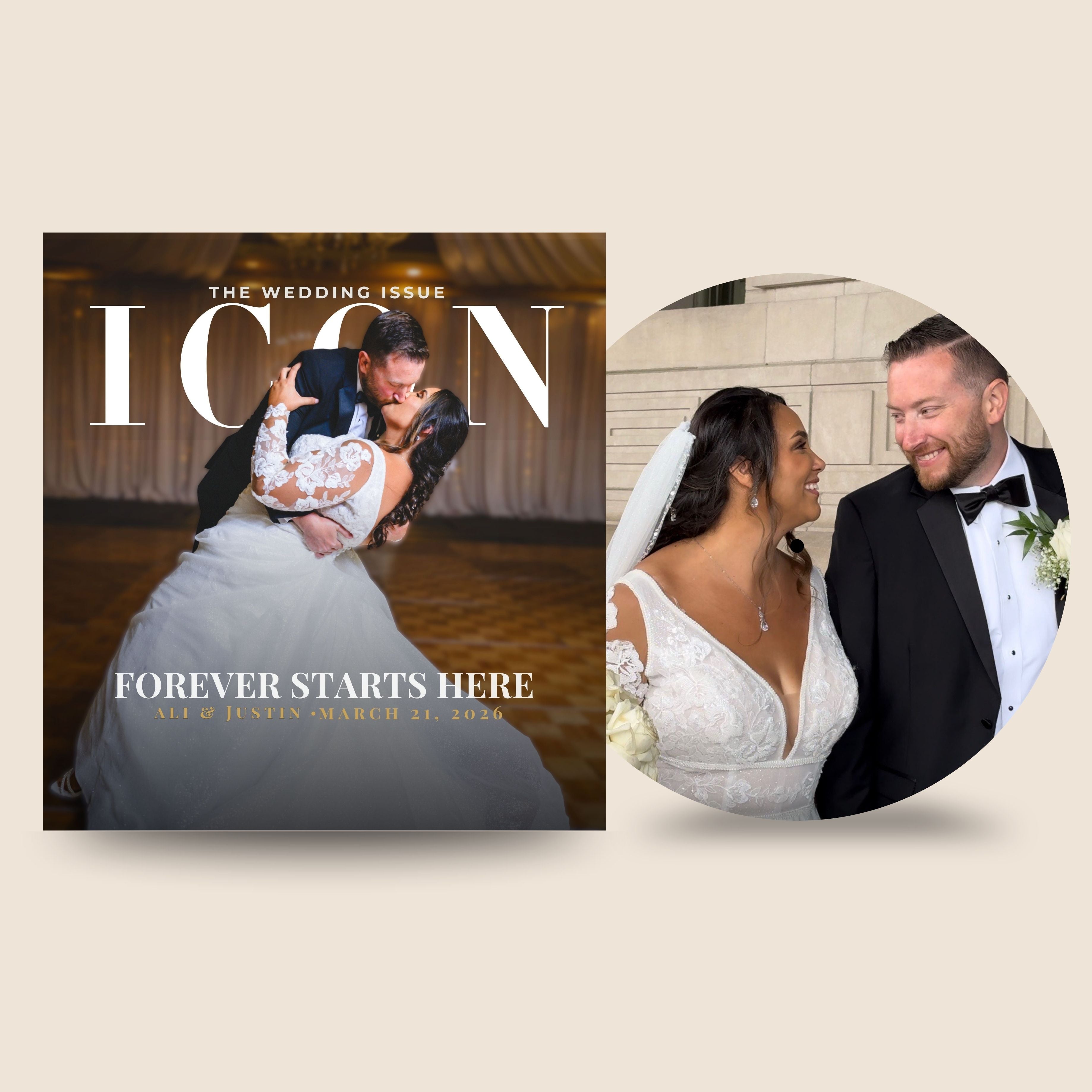 Magazine cover titled 'The Wedding Issue' with a couple embracing, alongside a circular inset of the same couple.