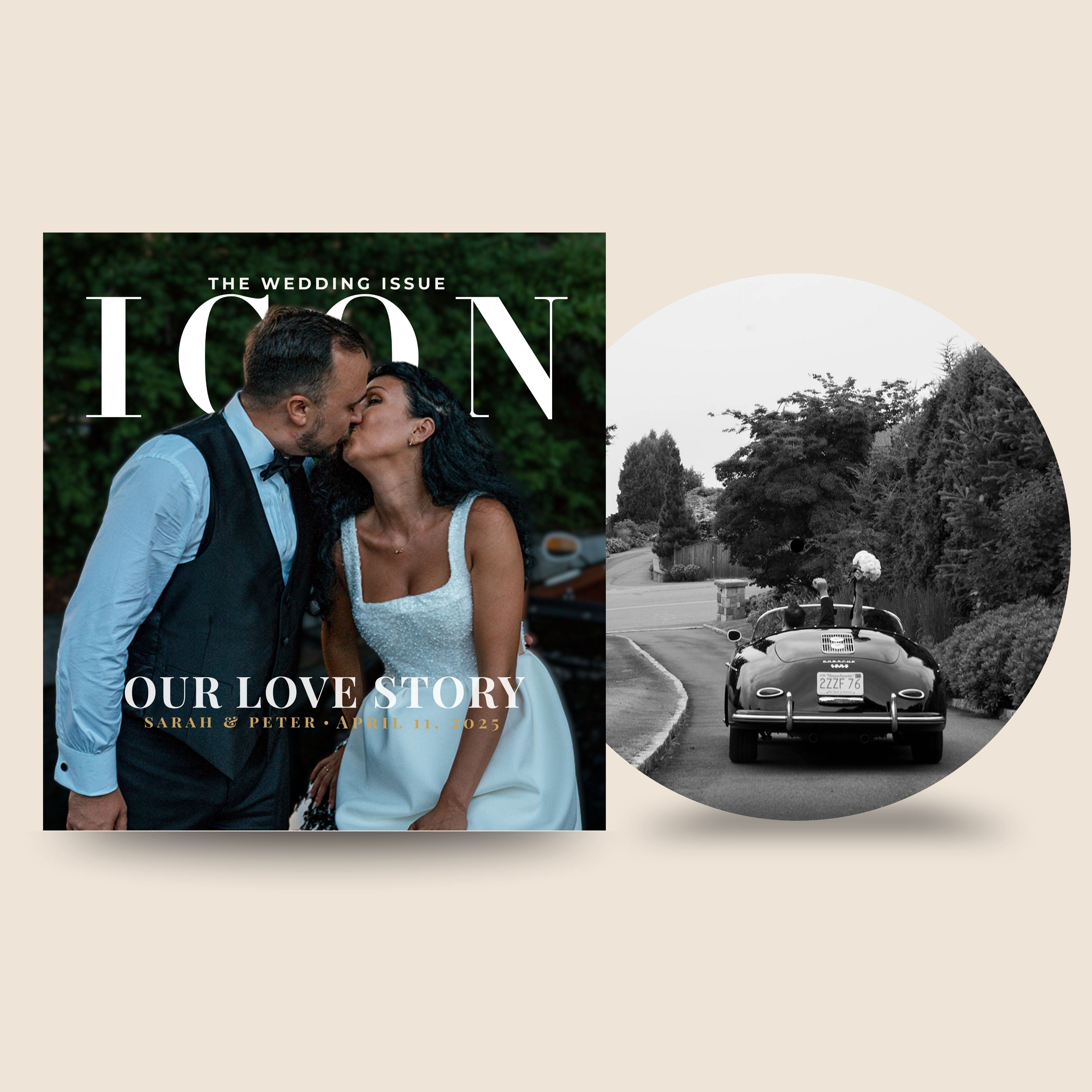 Magazine cover with a couple kissing and a black and white photo of a vintage car.