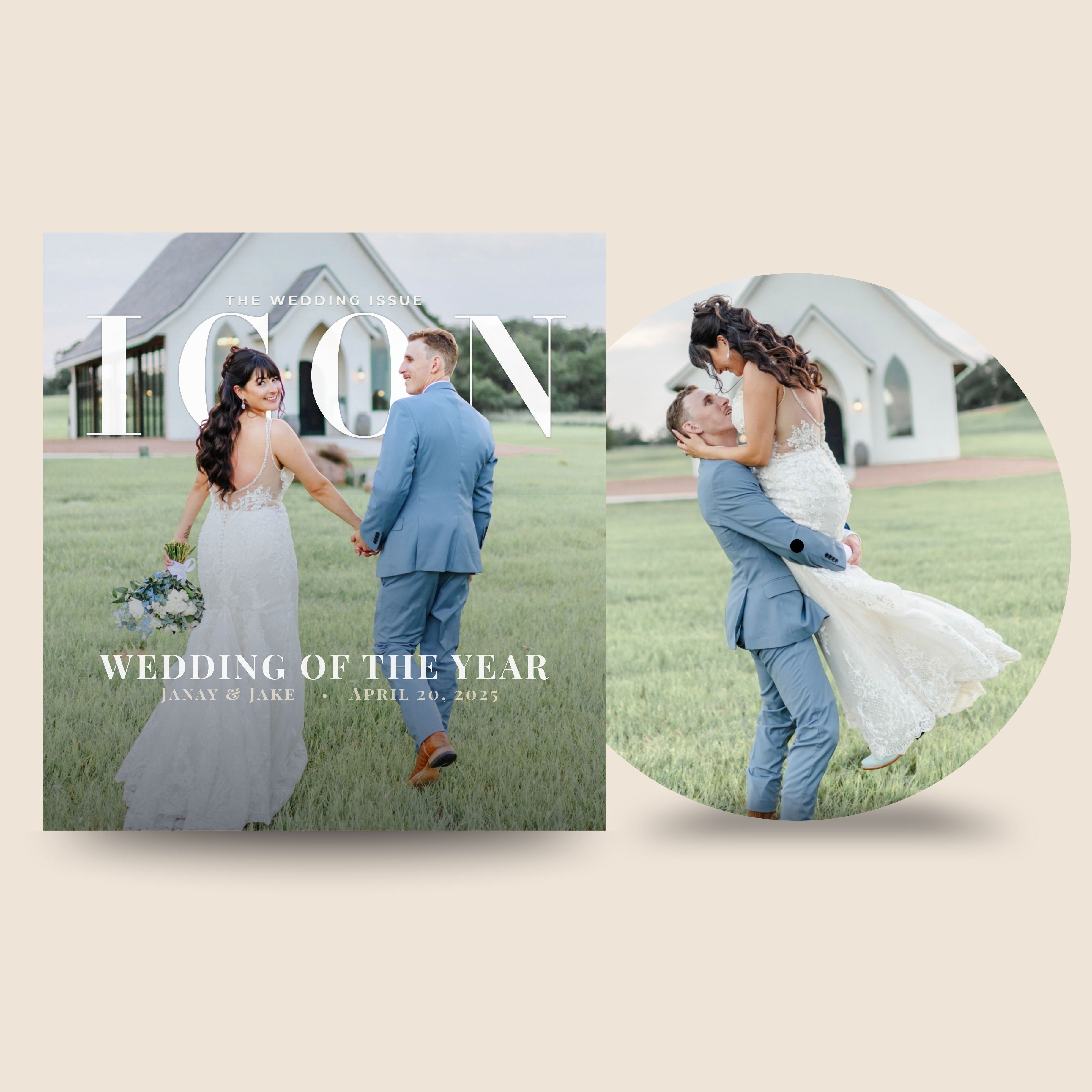 Wedding magazine cover with a couple on a grassy field and a circular inset of the same scene.