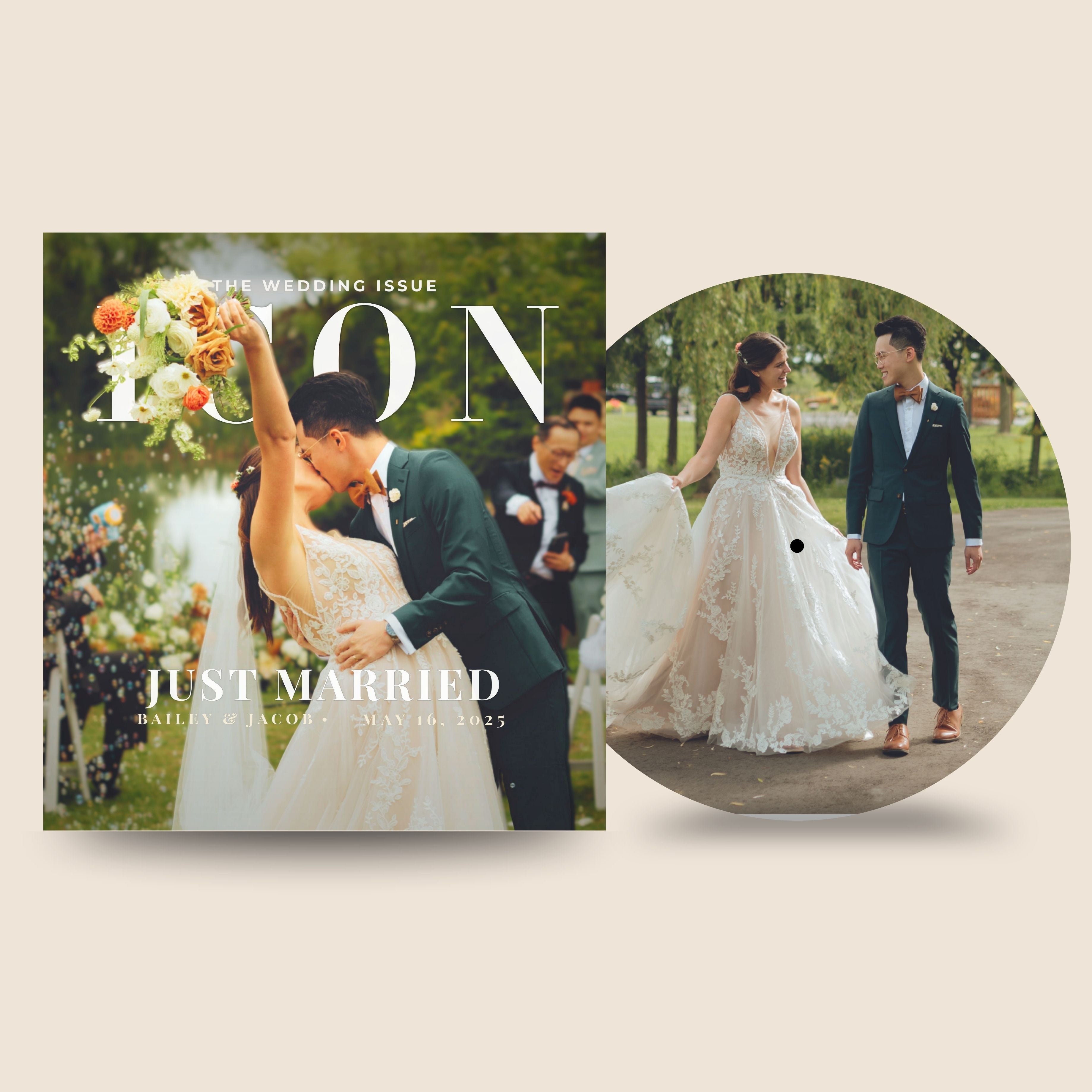 Wedding magazine cover with 'Just Married' couple and a circular inset of the same scene.