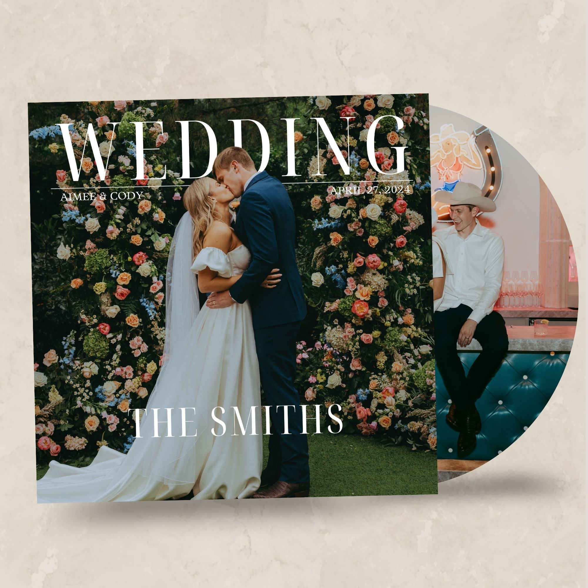 Wedding album cover with a couple and floral decorations, featuring 'The Smiths' on a beige background.