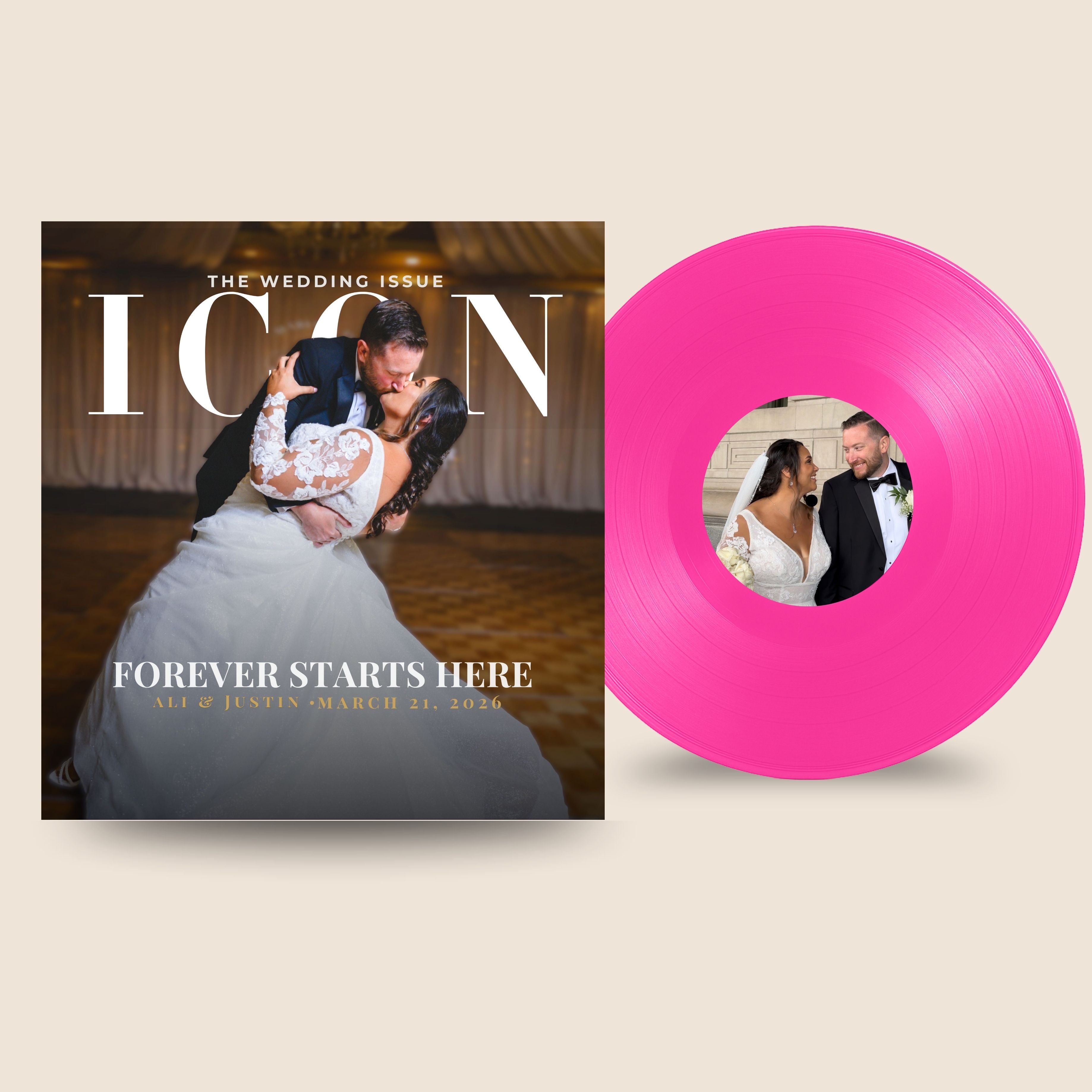 Vinyl record with a wedding-themed cover and a pink vinyl record with a couple's photo.