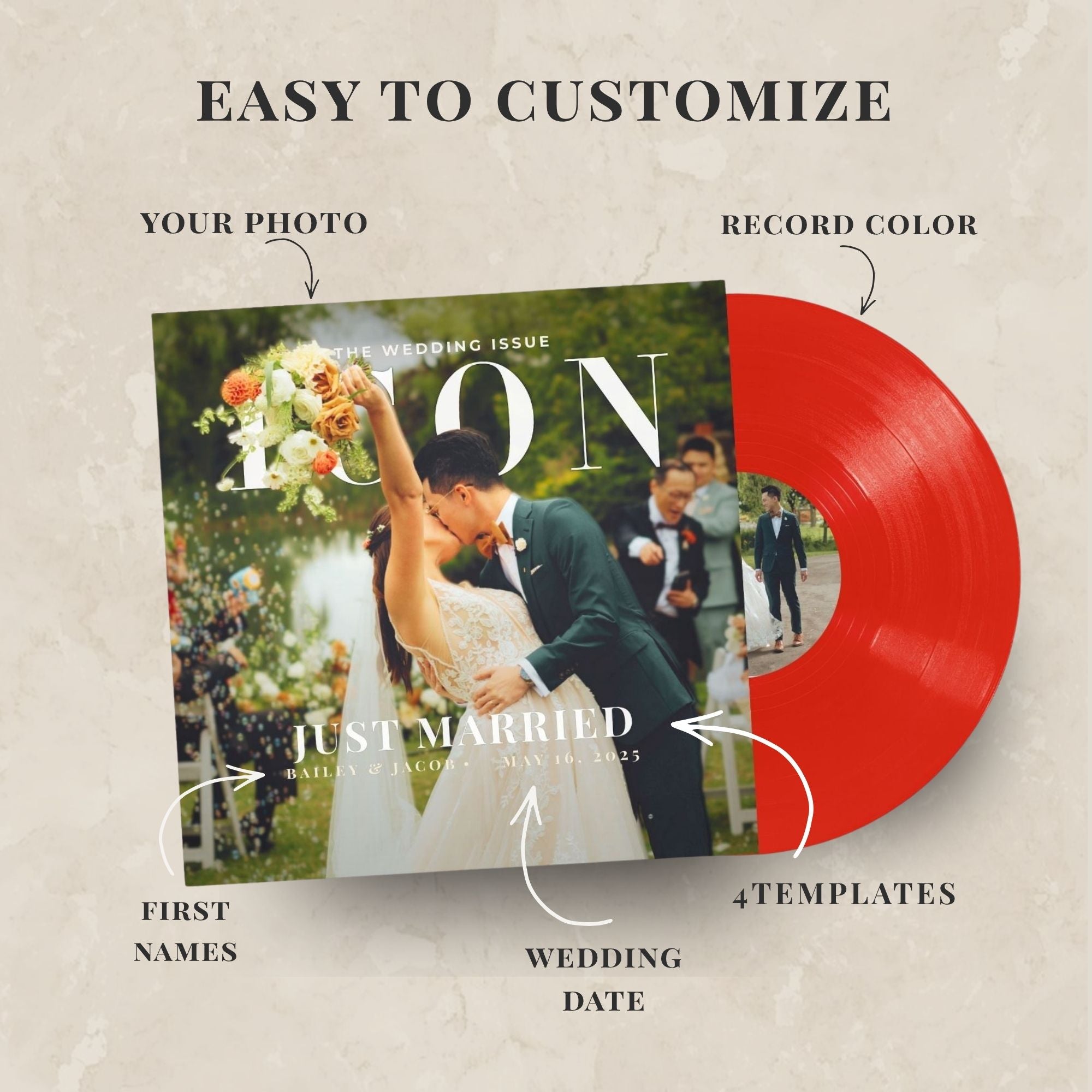 Vinyl record with wedding-themed cover and customizable elements on a light background