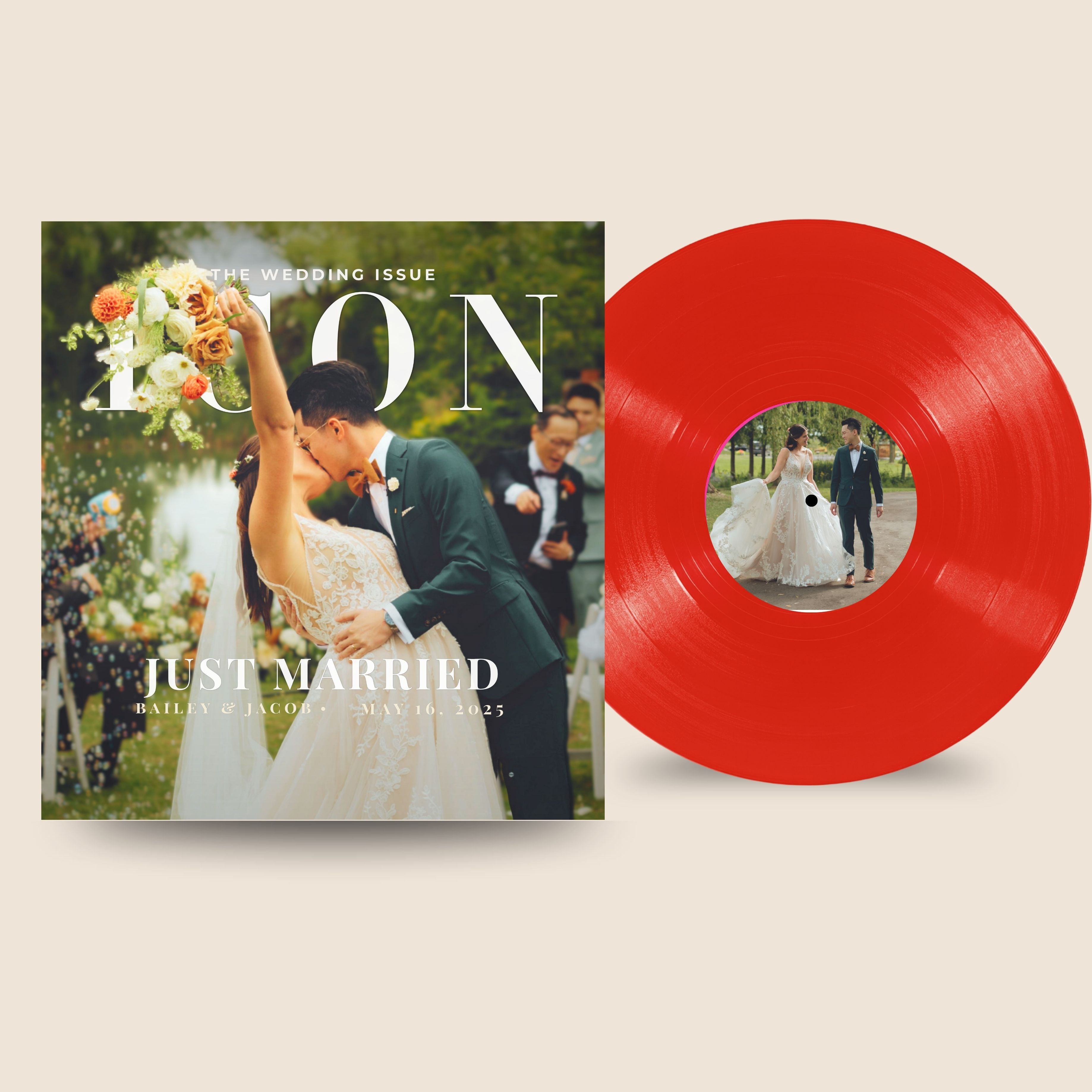Vinyl record with a red disc featuring a couple and a magazine cover with a bride and groom.