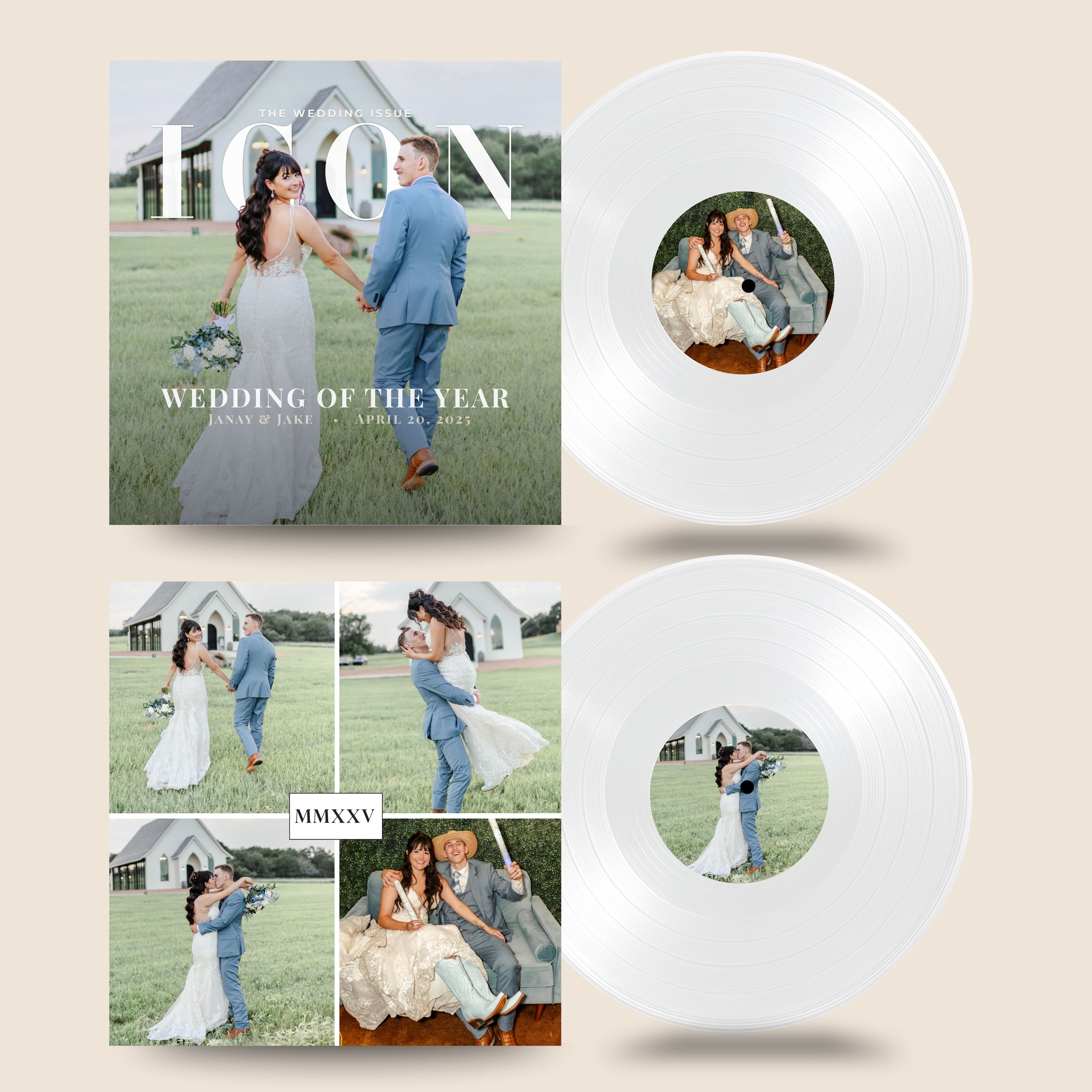 Wedding-themed vinyl record with cover and photos of a couple on a beige background