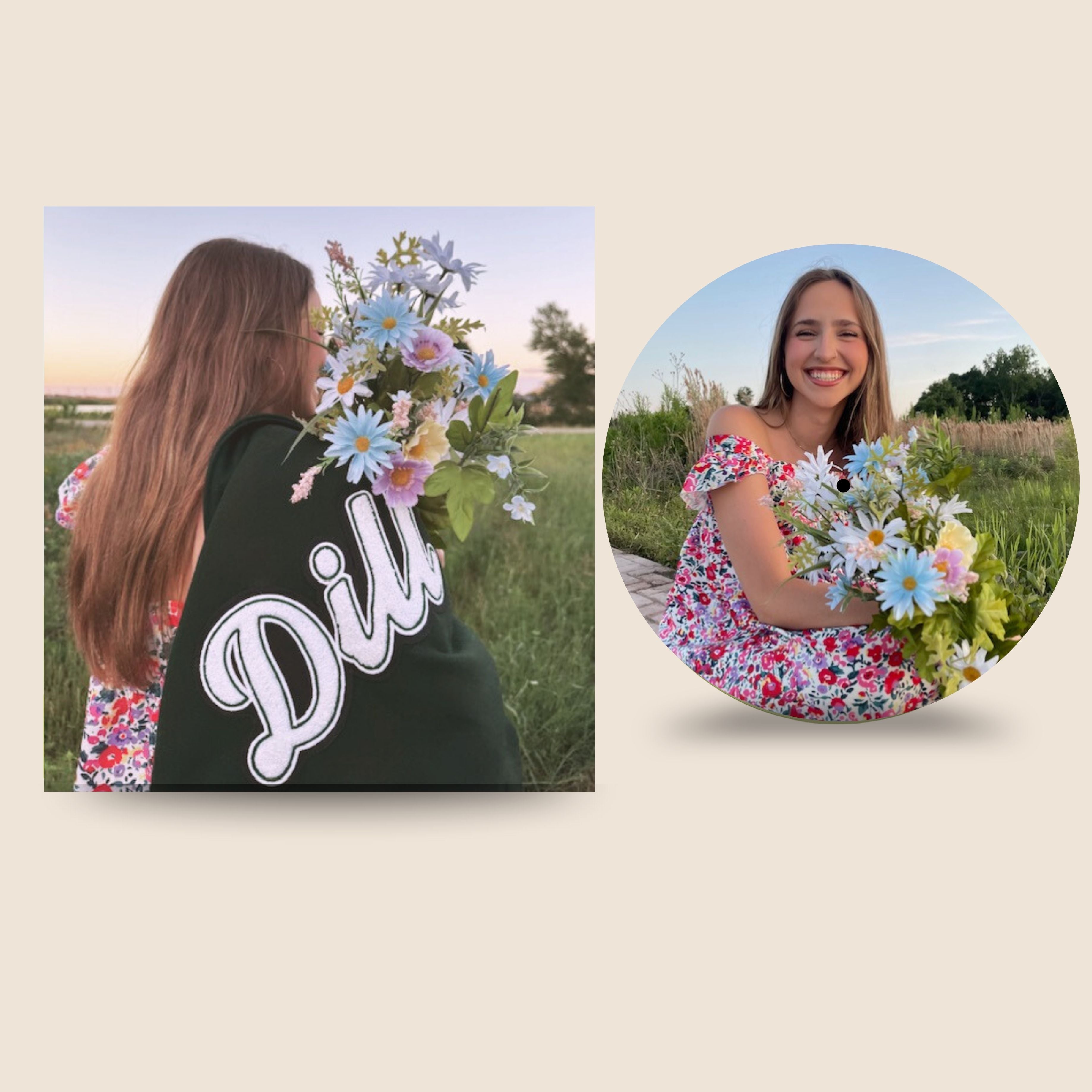 Custom graduation picture vinyl record showing a high school senior photo on vinyl, designed as a personalized keepsake by Black Label Vinyl