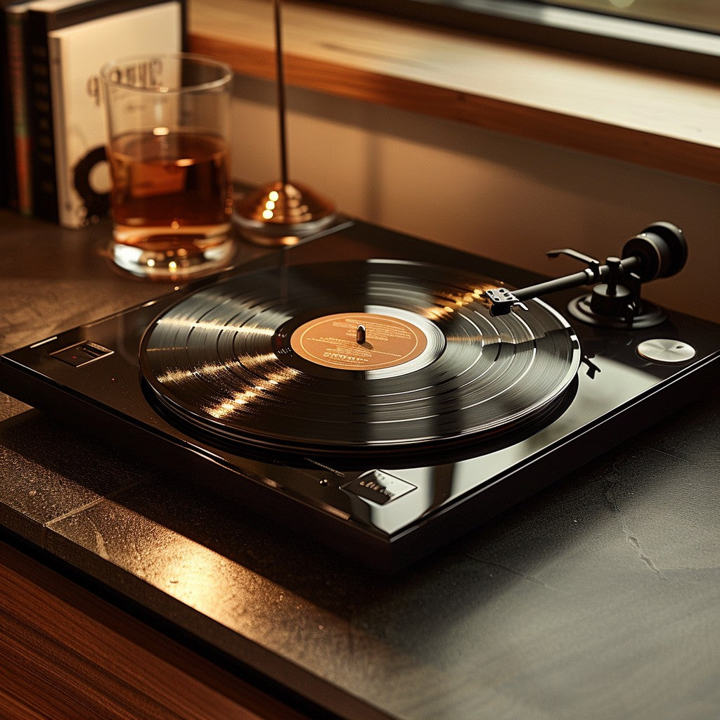 Luxury Black Label Vinyl custom record spinning on a premium turntable — a handcrafted personalized LP record made from your uploaded audio, designed for audiophiles who want to make their own vinyl mixtape keepsake.
